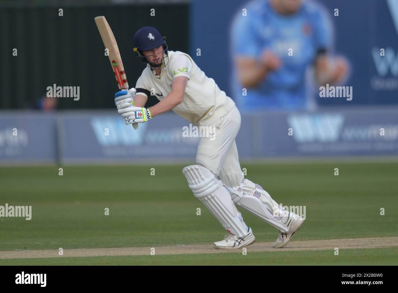 Canterbury, England. 21st Apr 2024. Zak Crawley of Kent and England bats during day three of the Vitality County Championship Division One fixture between Kent County Cricket Club and Surrey County Cricket Club at the Spitfire Ground, St Lawrence in Canterbury. Kyle Andrews/Alamy Live News. Stock Photo