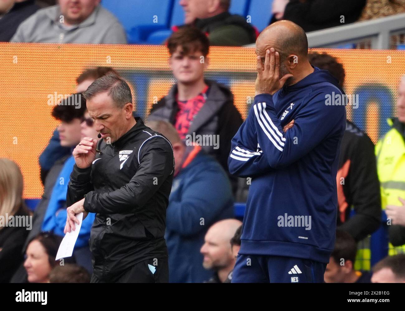 A dejcted Nottingham Forest Manager Nuno Espírito Santo during the Premier League match at Goodison Park, Liverpool. Picture date: Sunday April 21, 2024. Stock Photo