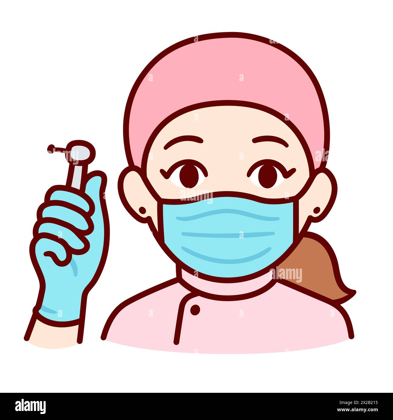 Cute cartoon female dentist in face mask holding a drill. Simple hand drawn doodle, vector character clip art illustration. Stock Vector