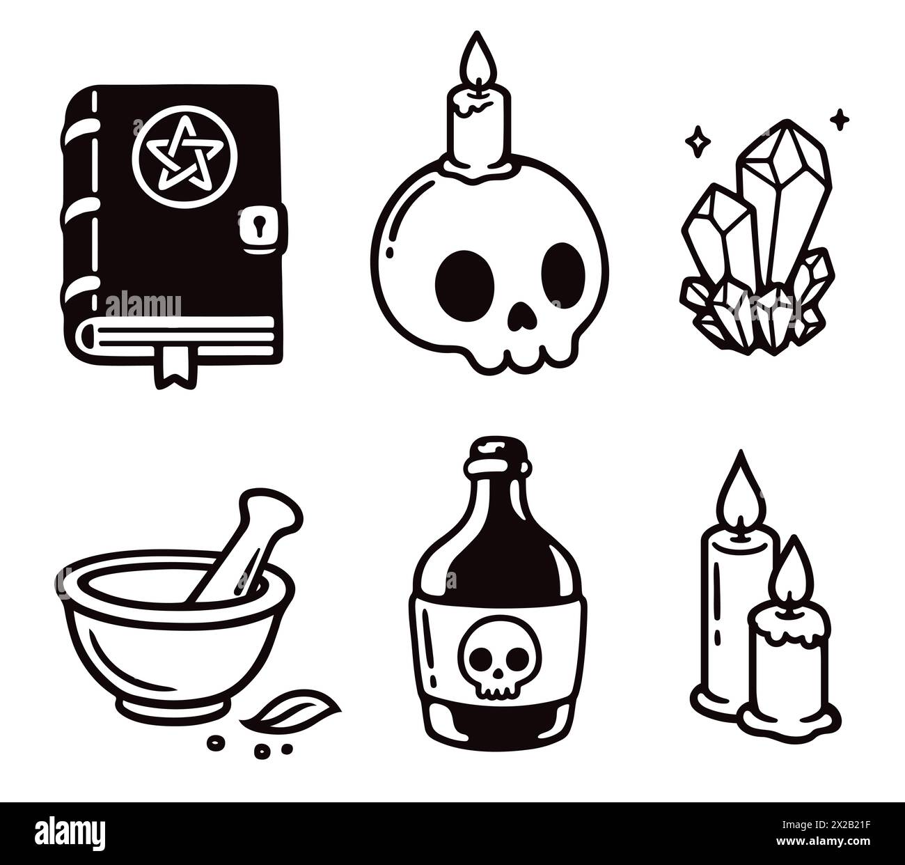 Cartoon spooky dark magic ritual drawings set. Skull, candles, spell book, crystals, potion. Hand drawn black and white doodles. Vector illustration. Stock Vector