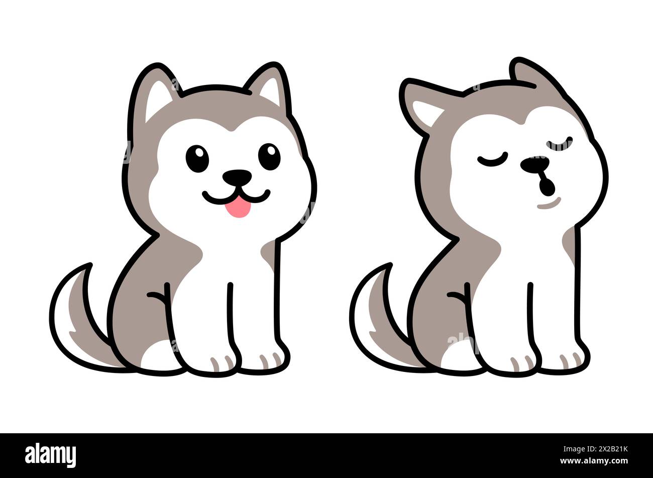 Cute cartoon husky puppy sitting and howling. Adorable little dog drawing, isolated vector illustration. Stock Vector