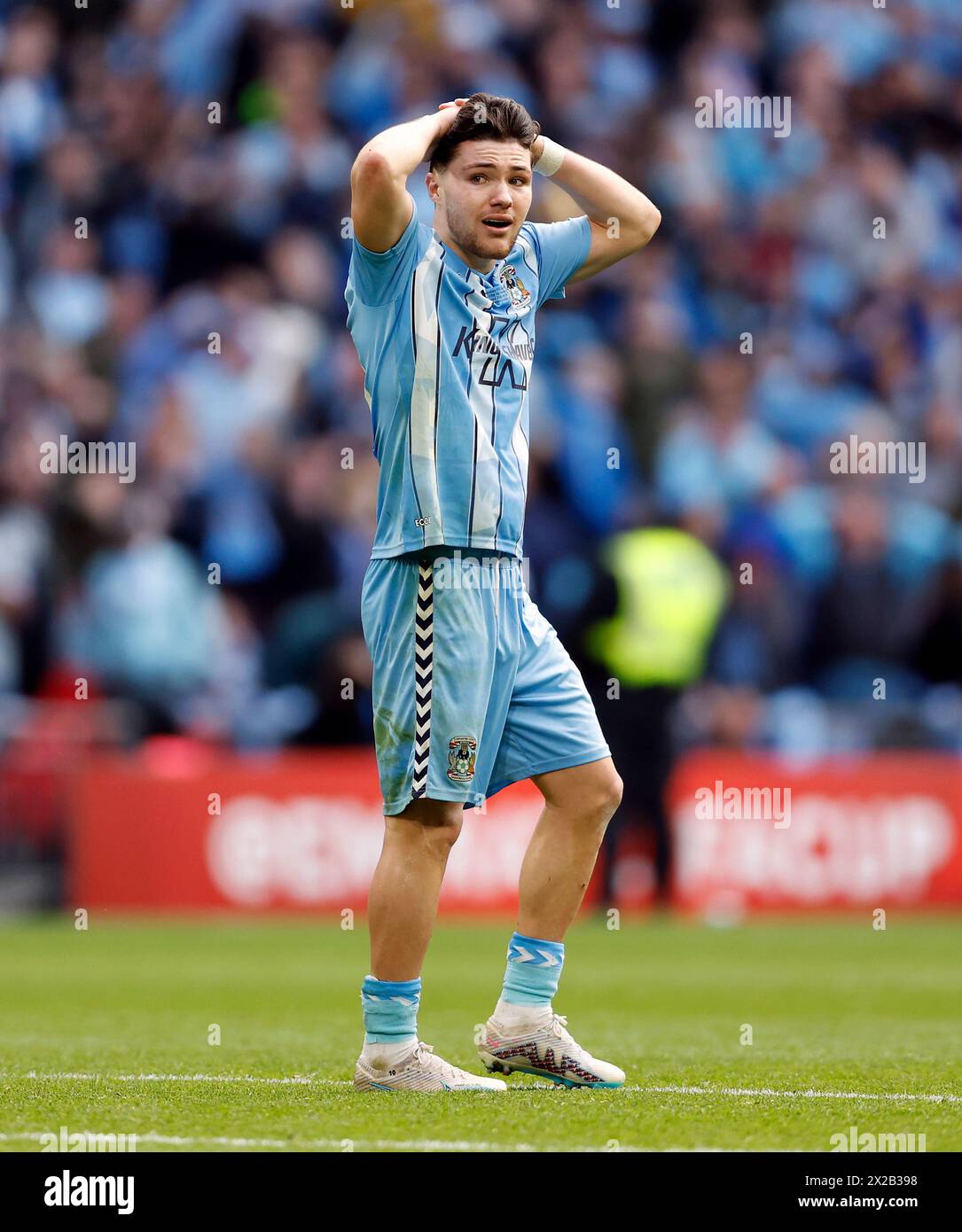 Coventry City's Callum O'Hare reacts during the Emirates FA Cup semi-final match at Wembley Stadium, London. Picture date: Sunday April 21, 2024. Stock Photo