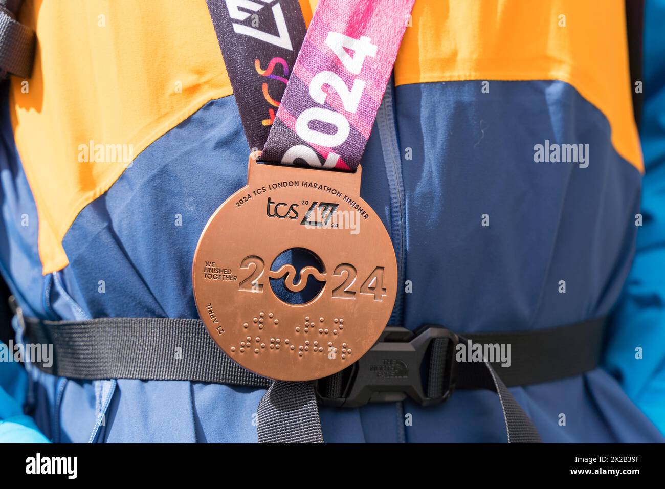 London, UK. 21st April 2024. Shiny medal for TCS London Marathon 2024