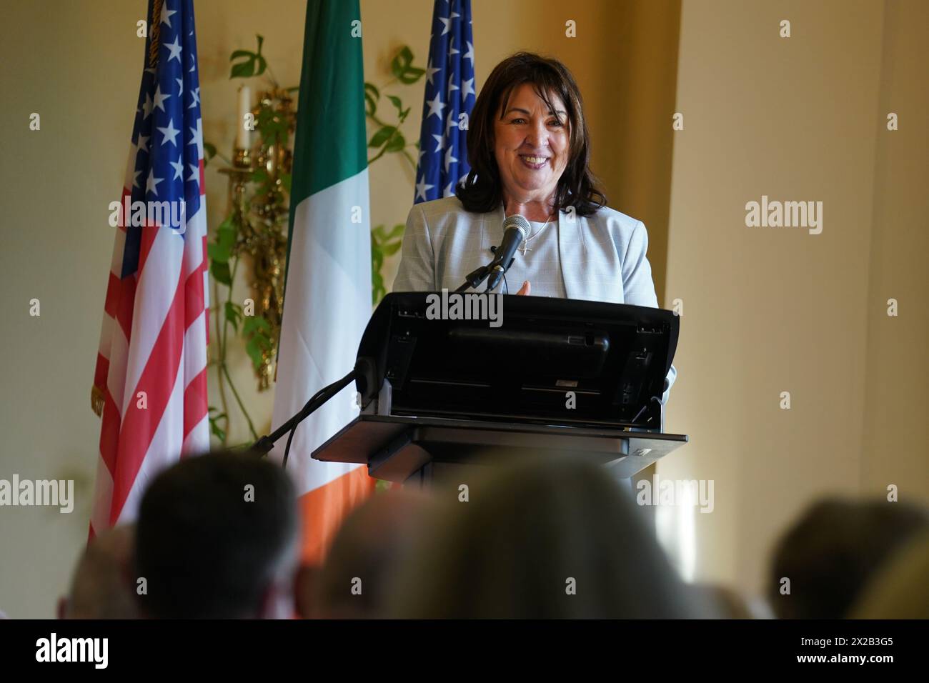 US Ambassador to Ireland Claire Cronin introduces former Speaker of the United States House of Representatives Nancy Pelosi (not in picture) at the Ambassador's residence, Phoenix Park, Dublin. Issue date: Sunday April 21, 2024. Stock Photo