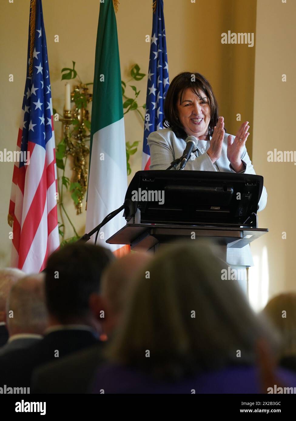 US Ambassador to Ireland Claire Cronin introduces former Speaker of the United States House of Representatives Nancy Pelosi (not in picture) at the Ambassador's residence, Phoenix Park, Dublin. Issue date: Sunday April 21, 2024. Stock Photo