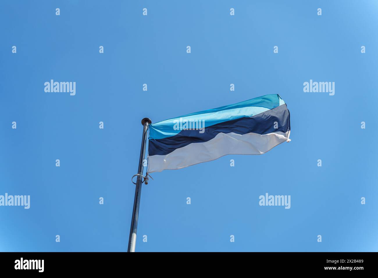 Estonian national flag waving on blue sky background. Republic of ...