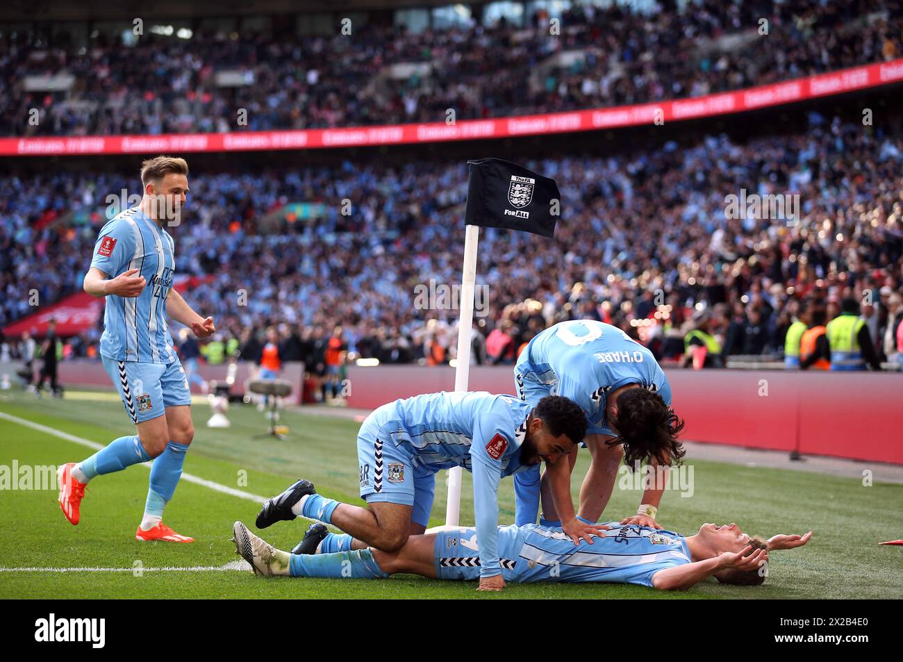 Coventry City's Victor Torp celebrates scoring their side's fourth goal of the game before it is ruled out for offside after a VAR check during the Emirates FA Cup semi-final match at Wembley Stadium, London. Picture date: Sunday April 21, 2024. Stock Photo