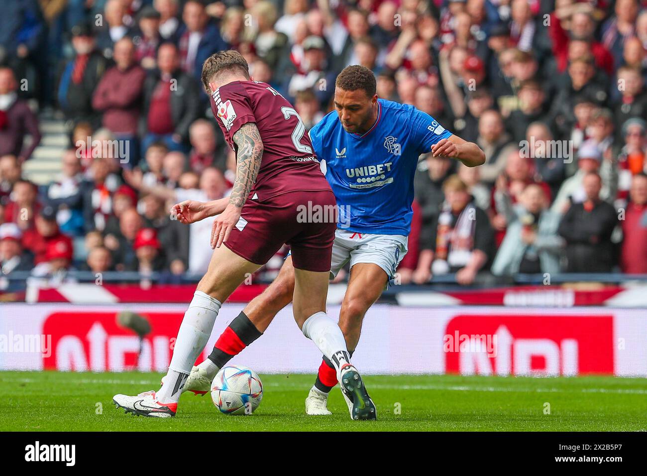 Glasgow, UK. 21st Apr, 2024. Rangers play Heart of Midlothian at Hampden Park football stadium, Glasgow, Scotland, UK in a semi final of the Scottish Cup. The winner of this game will play Celtic FC in the final. Credit: Findlay/Alamy Live News Stock Photo