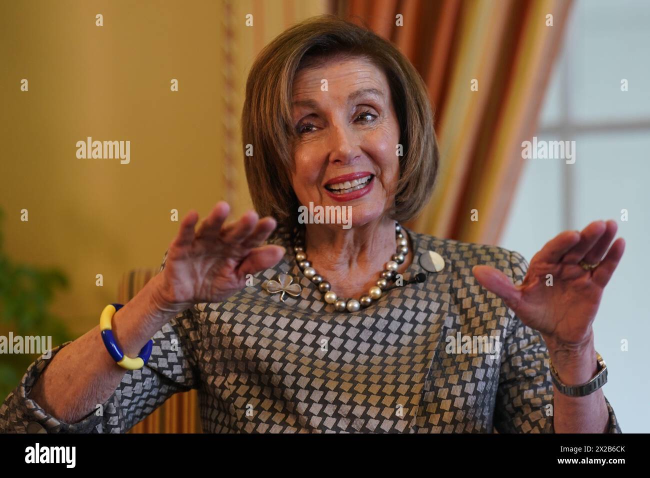 Former Speaker of the United States House of Representatives Nancy Pelosi during a fireside chat with US Ambassador to Ireland Claire Cronin at the Ambassador's residence, Phoenix Park, Dublin. Issue date: Sunday April 21, 2024. Stock Photo