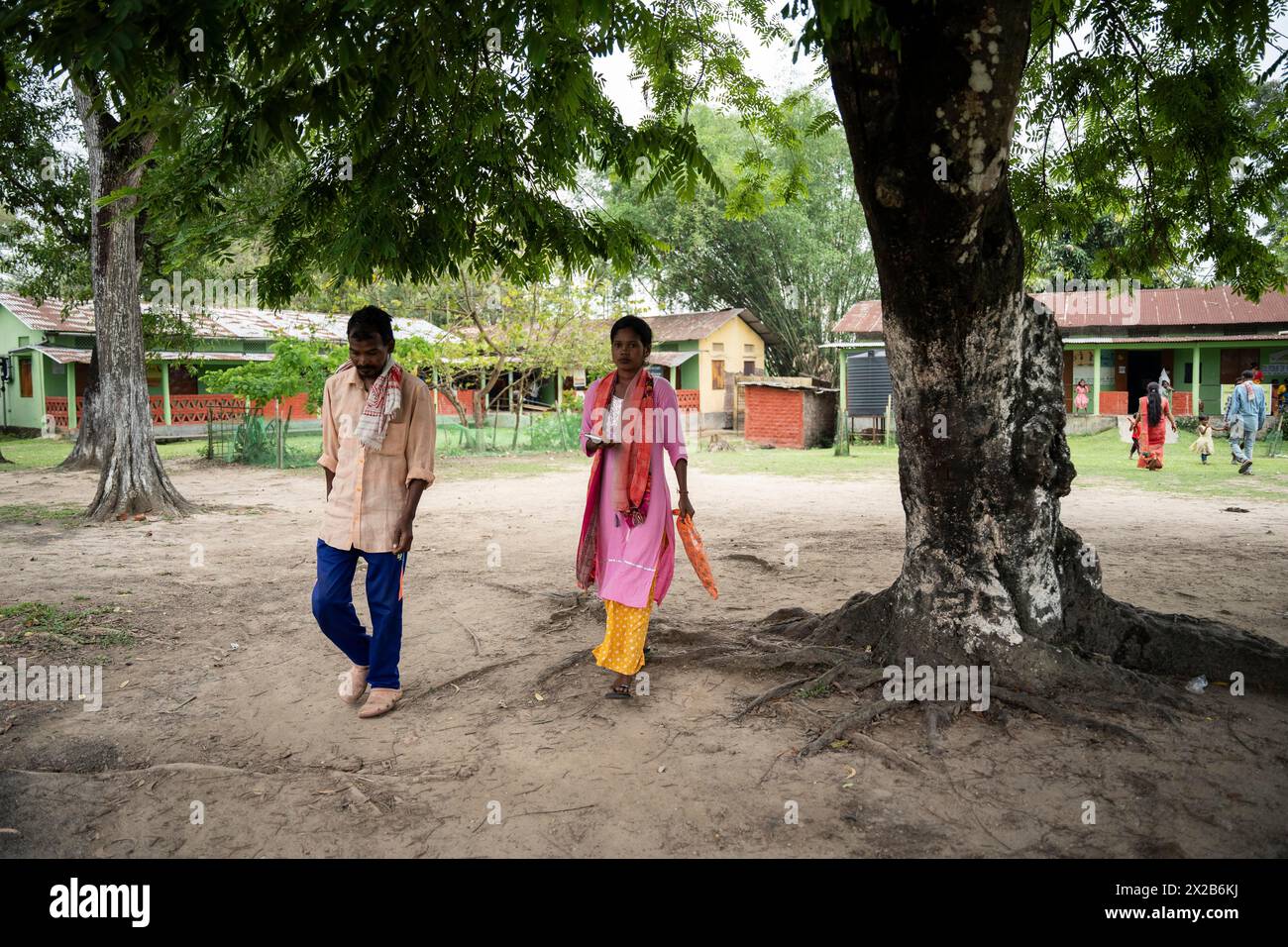 BOKAKHAT, INDIA, APRIL 19: Voters returns after cast vote during the first phase of the India's general elections on April 19, 2024 in Bokakhat, Assam Stock Photo