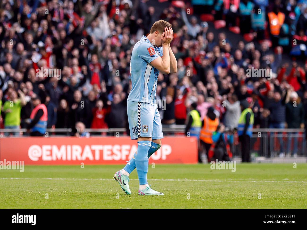Coventry City's Ben Sheaf reacts after missing in the penalty shoot out during the Emirates FA Cup semi-final match at Wembley Stadium, London. Picture date: Sunday April 21, 2024. Stock Photo