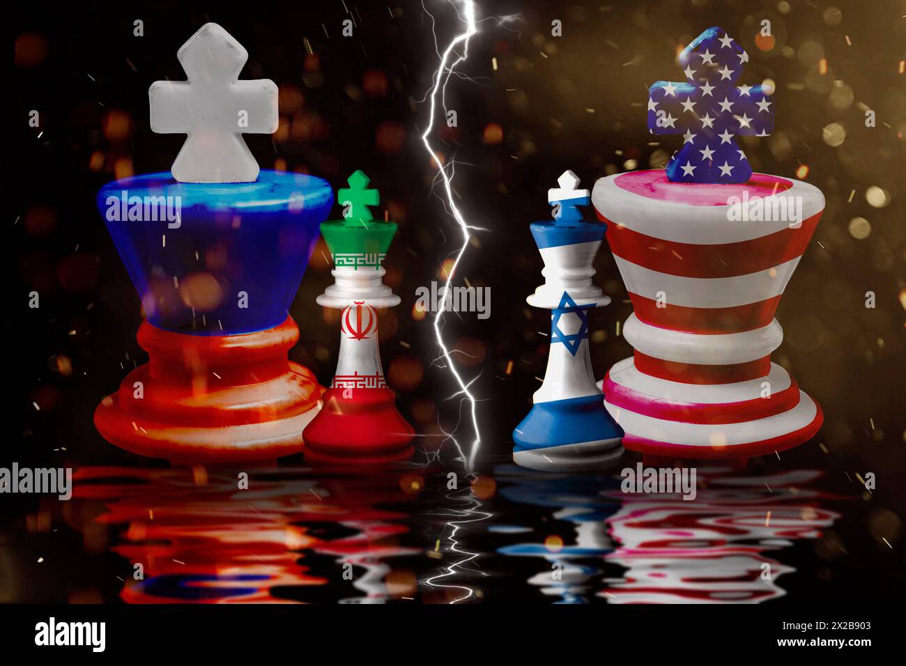 russia ,Iran and us, israel flags paint over on chess king. 3D ...