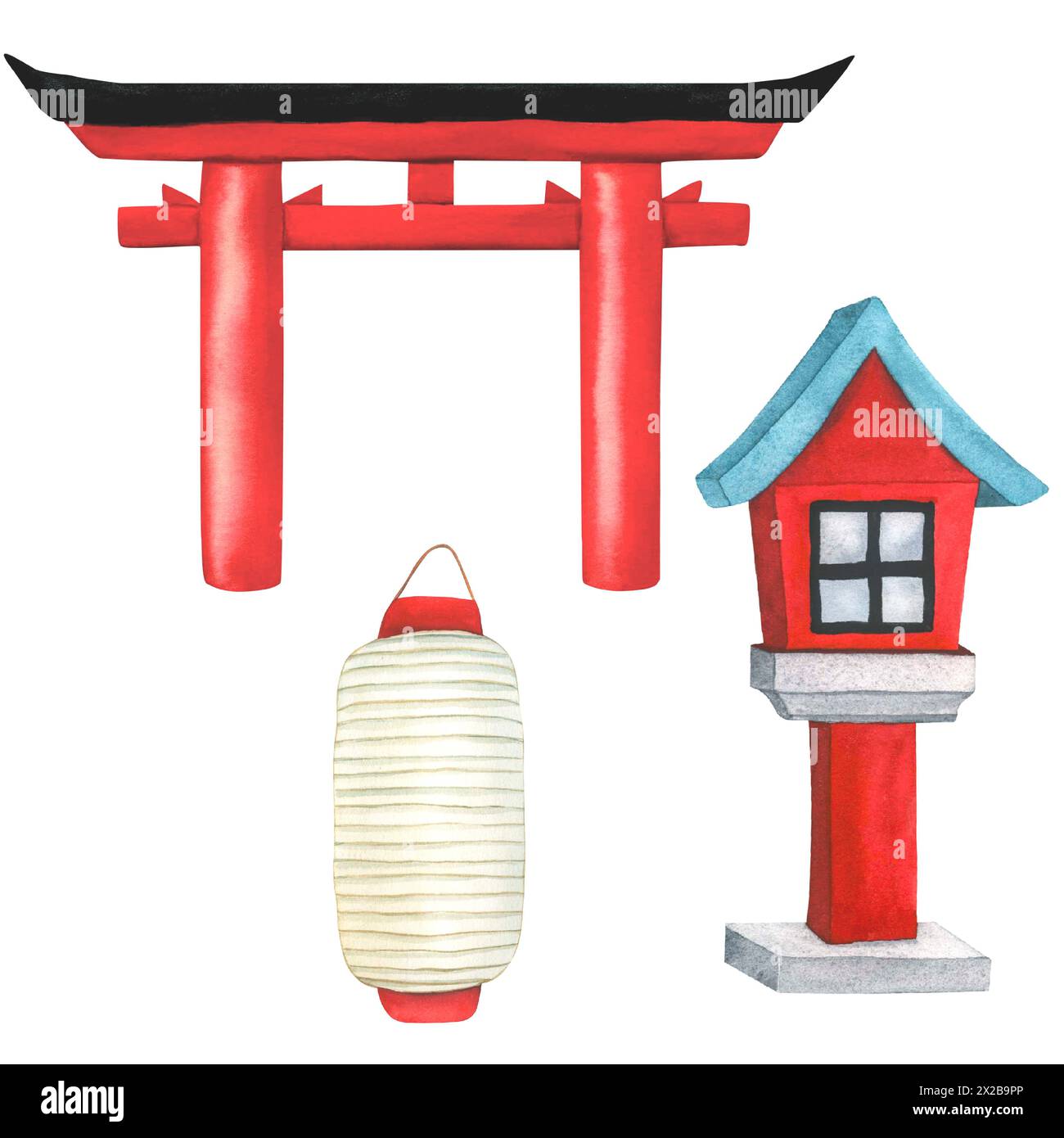Japanese Paper Lantern, traditional Red Wooden Lantern and Torii Gate. Hand drawn Watercolor illustration. Japanese architecture and religion concept Stock Photo