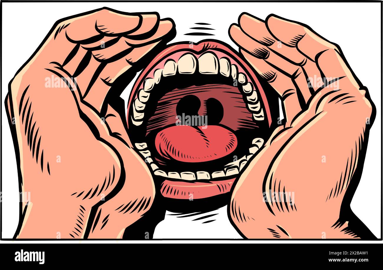 The human mouth close up screams very loudly. Pain through screaming. Difficult communication between people. Comic cartoon pop art retro vector illus Stock Vector