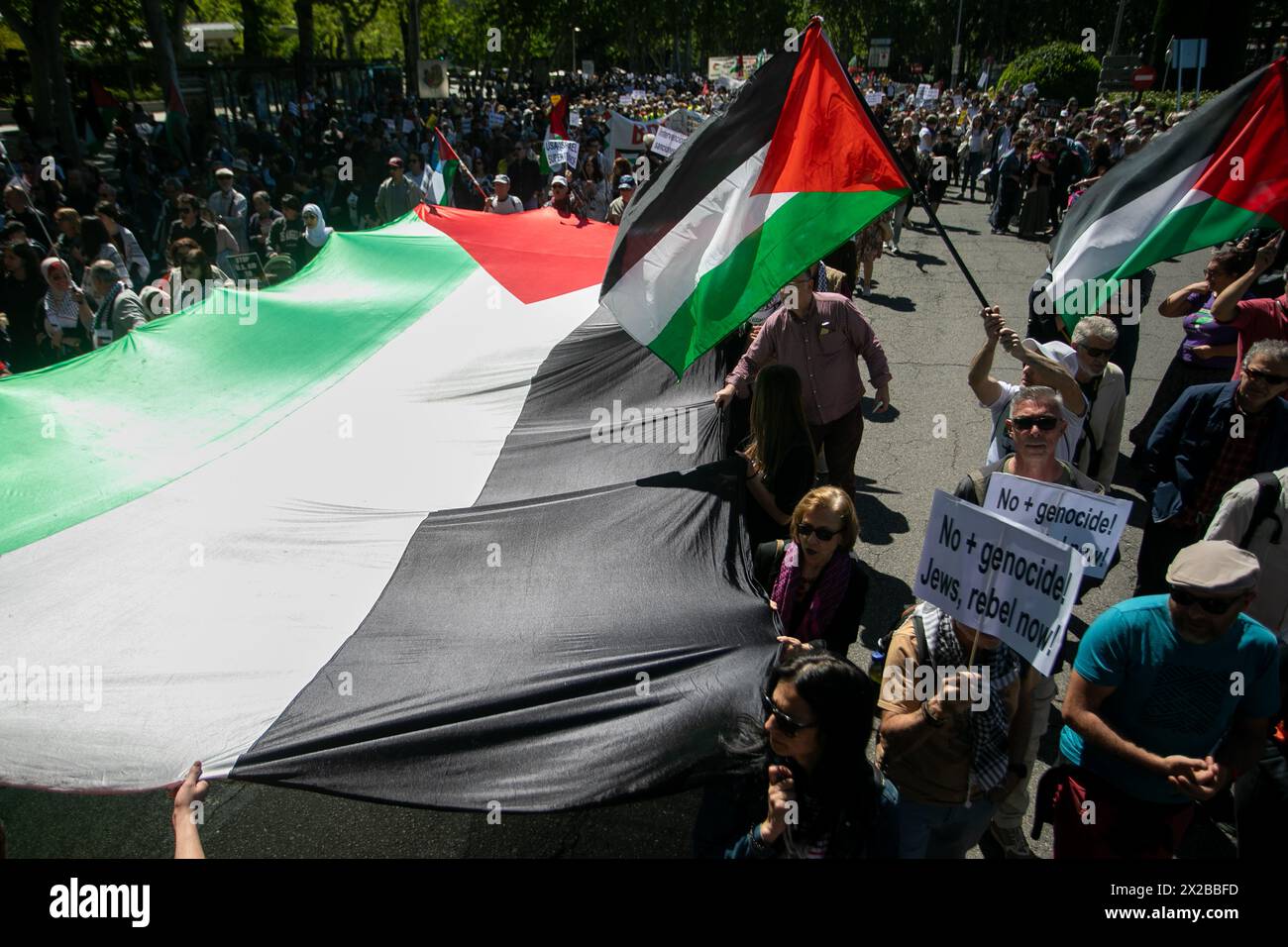 Madrid, Spain. 21st Apr, 2024. A giant Palestinian flag runs along Madrid's Paseo del Prado during a pro-Palestinian demonstration. The Solidarity Network against the Occupation of Palestine (RESCOP) together with other pro-Palestinian organizations demonstrated on the streets of Madrid to ask the Spanish Government of Pedro Sánchez to “End the arms trade and relations with Israel.” of “Enough of the complicity of the Government and companies” with the state of Israel. Credit: SOPA Images Limited/Alamy Live News Stock Photo