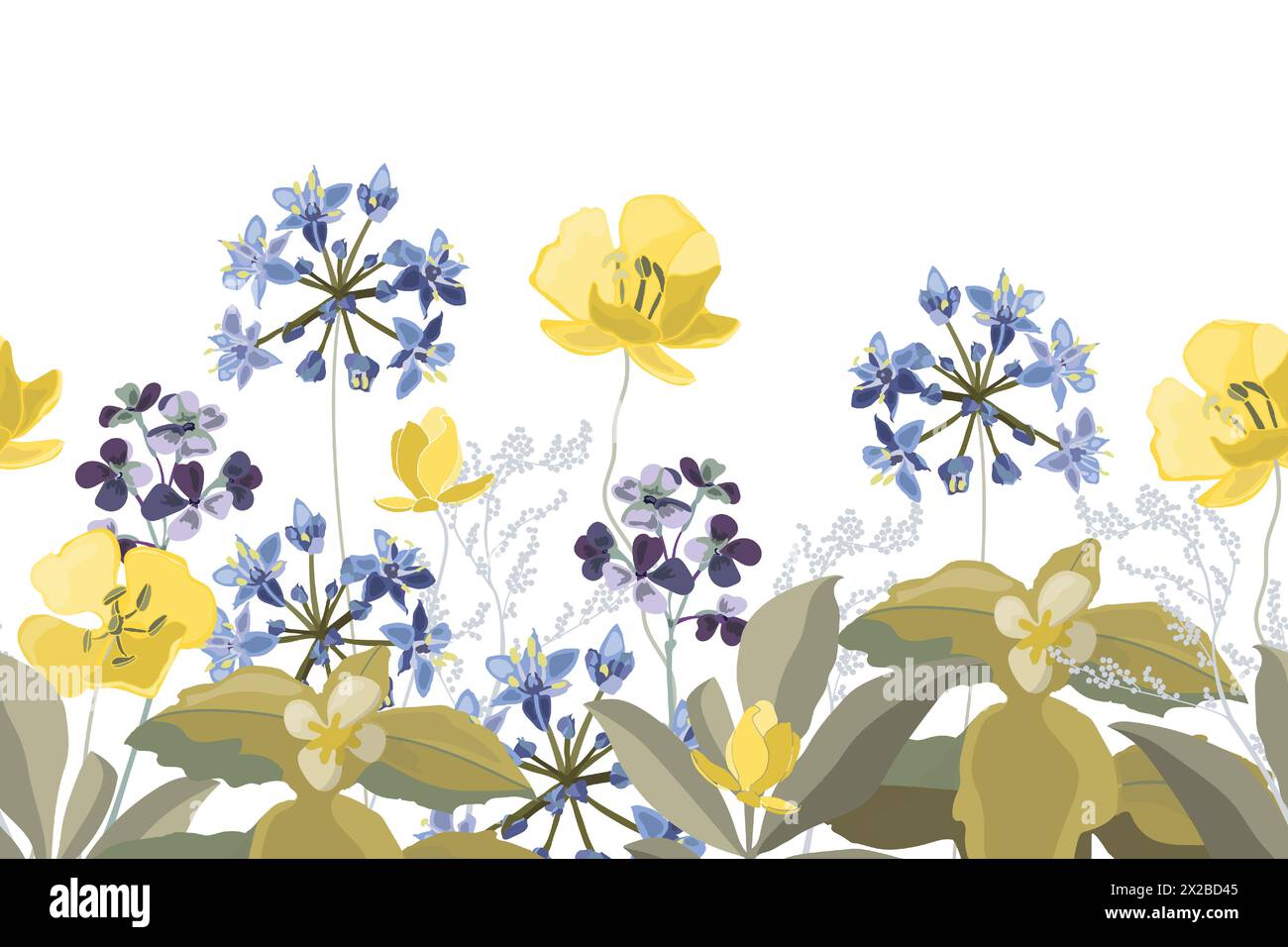 Vector floral seamless pattern, border with blue and yellow flowers. Stock Vector