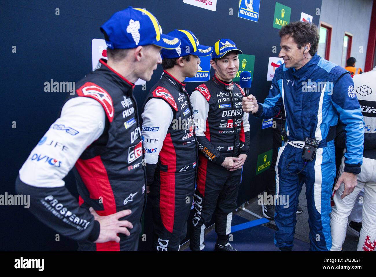 07 CONWAY Mike (gbr), KOBAYASHI Kamui (jpn), DE VRIES Nyck (nld), Toyota Gazoo Racing, Toyota GR010 - Hybrid #07, Hypercar, interview during the 2024 6 Hours of Imola, 2nd round of the 2024 FIA World Endurance Championship, from April 18 to 21, 2024 on the Autodromo Internazionale Enzo e Dino Ferrari in Imola Stock Photo