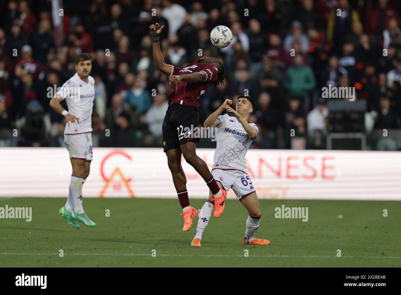 Salerno, Italy. 21st Apr, 2024. Salernitana's Nigerian forward Chukwubuikem Ikwuemesi challenges for the ball with Fiorentina's Italian defender Fabiano Parisi during the Serie A football match between Unione Sportiva Salernitana vs Fiorentina at the Arechi Stadium in Salerno on April 21, 2024. Credit: Independent Photo Agency/Alamy Live News Stock Photo