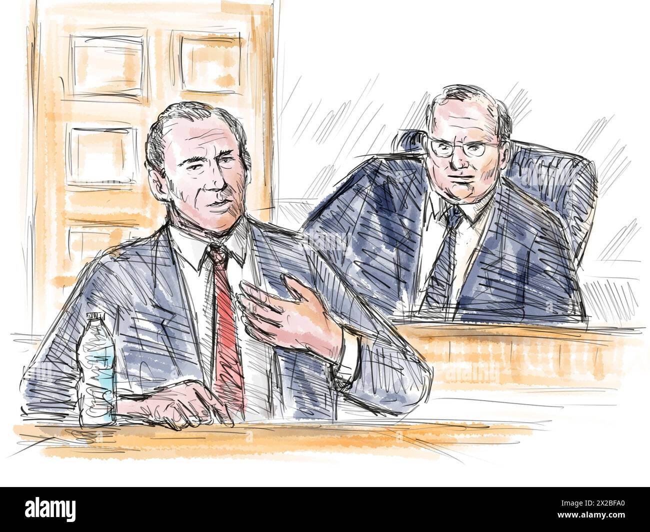 Pastel pencil pen and ink sketch illustration of a courtroom trial setting with judge and defendant, plaintiff, witness testifying on a court case dra Stock Photo