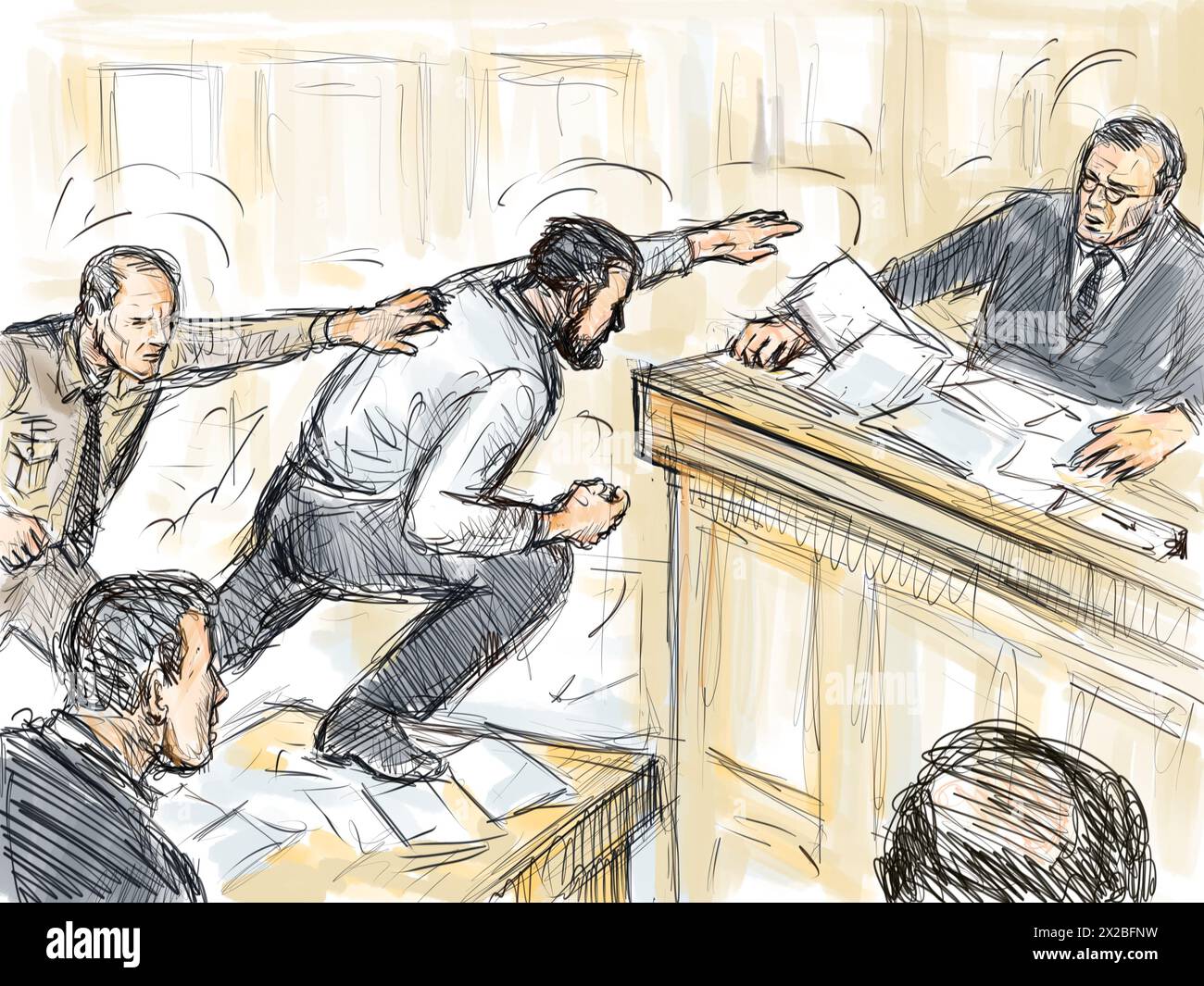 Pastel pencil pen and ink sketch illustration of a courtroom trial ...