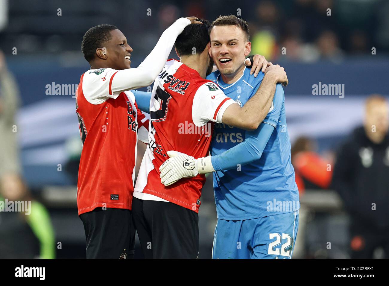 ROTTERDAM - (l-r) Antoni Milambo of Feyenoord,n Alireza Jahanbaksh of Feyenoord, Feyenoord goalkeeper Timon Wellenreuther celebrate the victory during the TOTO KNVB Cup final match between Feyenoord and NEC Nijmegen at Feyenoord Stadion de Kuip on April 21, 2024 in Rotterdam, Netherlands. ANP MAURICE VAN STEEN Stock Photo