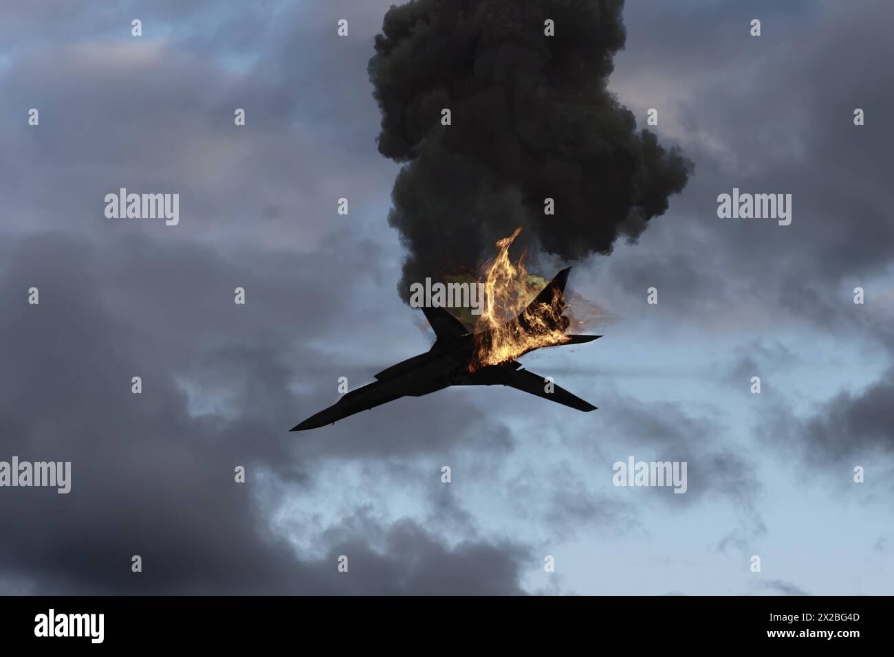 A Russian strategic bomber is hit by a missile and crashes, burning and falling against a background of sky and clouds. Concept: war in Ukraine. Stock Photo