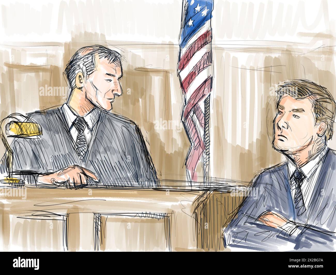 Pastel pencil pen and ink sketch illustration of a courtroom trial setting with judge reprimanding defendant, plaintiff, witness while testifying on a Stock Photo