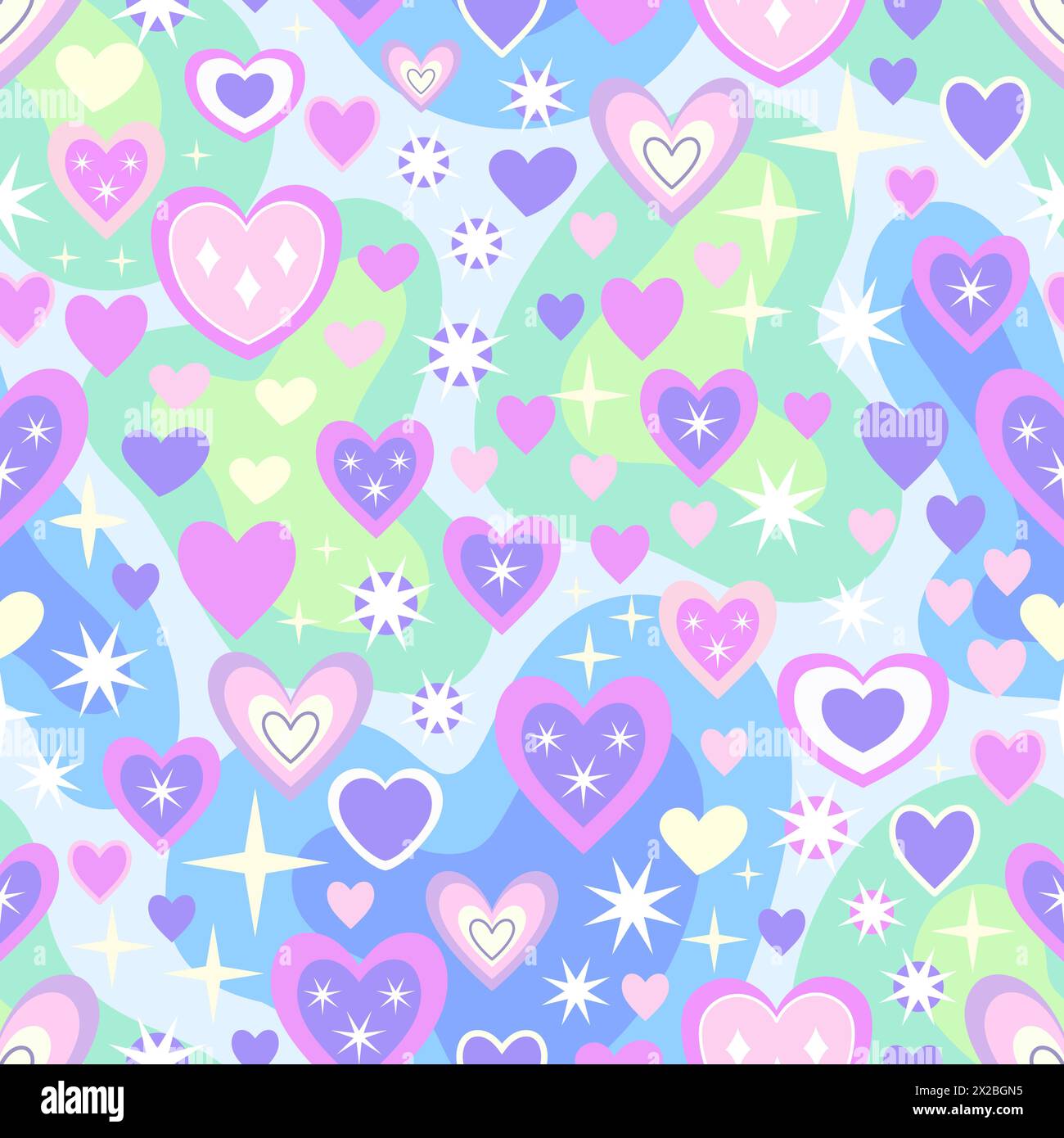 Abstract seamless pattern, background with stars and hearts. Rainbow sky with sparkles. Candy wallpaper in pastel colors. Magic theme. Vector illustra Stock Vector