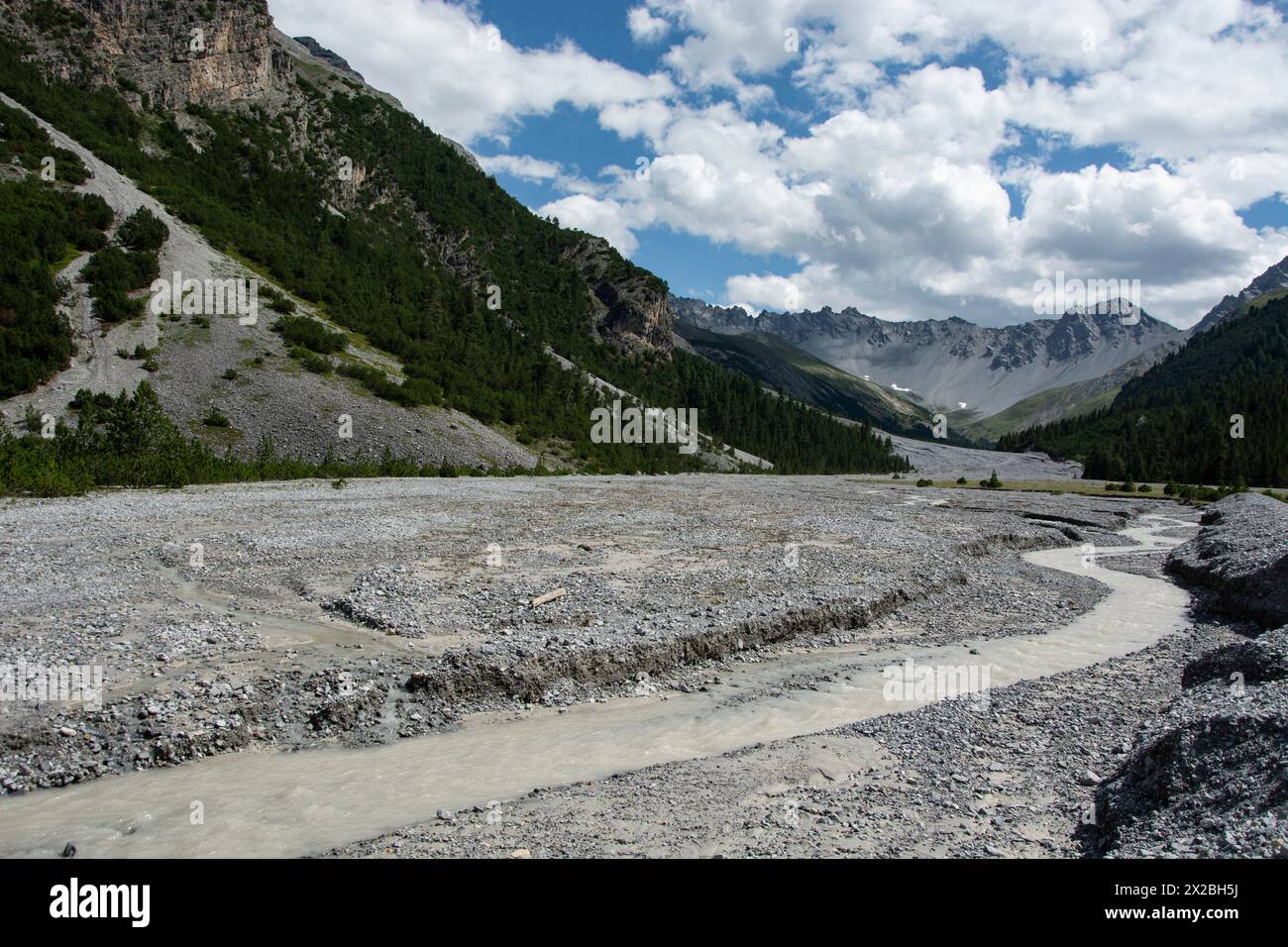 Faszinierende Auenlandschaft im Val Plavna, Unterengadin Stock Photo
