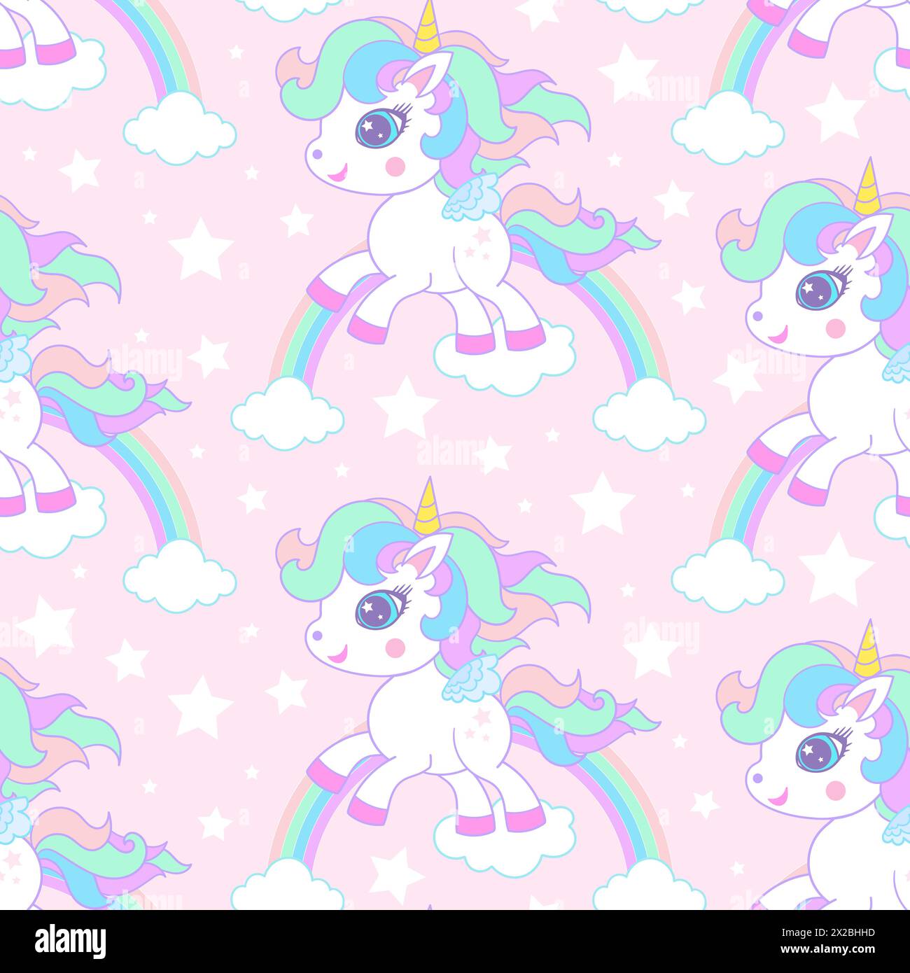 Seamless pattern with white unicorns and rainbows on a pink background ...