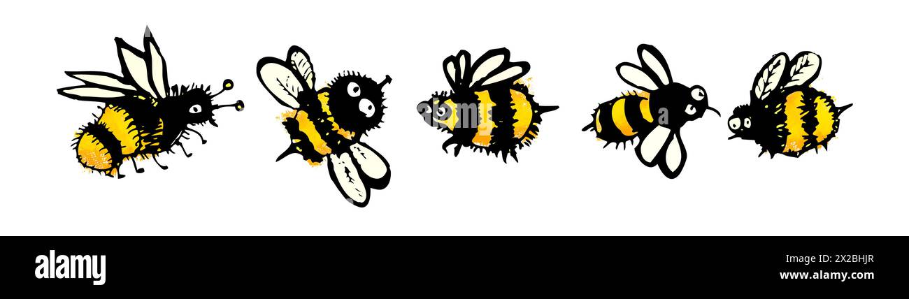 Set of cute funny bees. child drawing . hand drawing. Not AI. Vector illustration Stock Vector