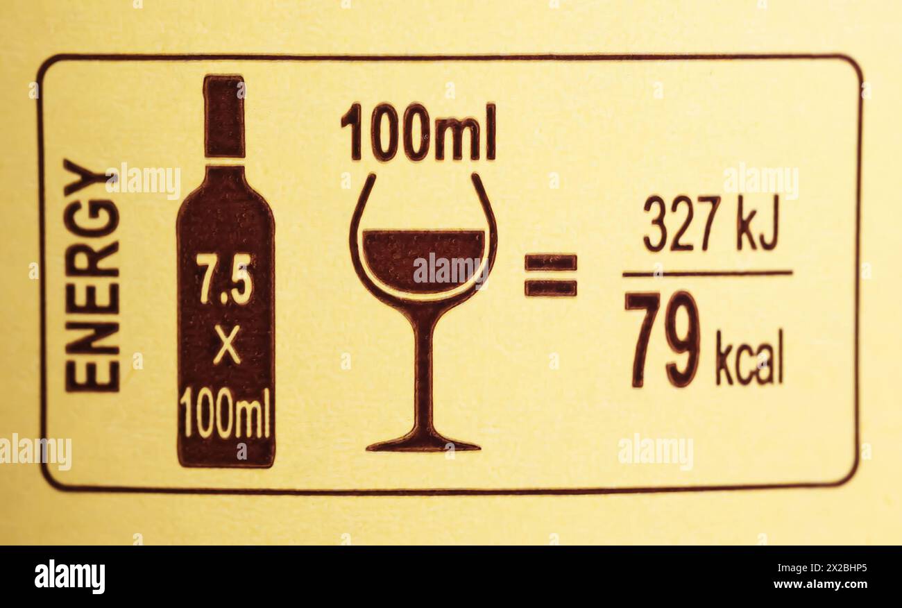Illustration of the calorie content of a glass of red wine on a bottle