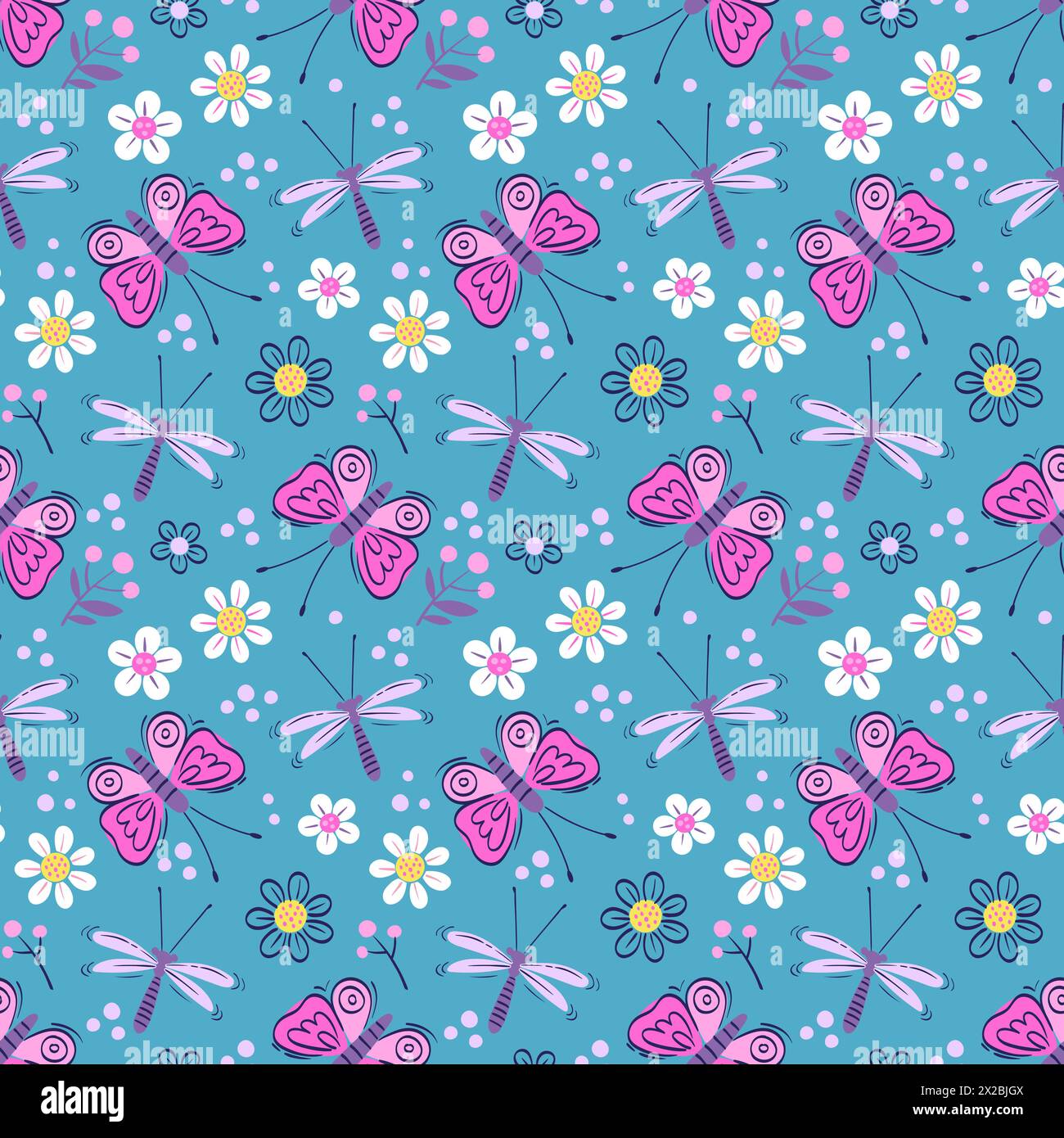 Vector seamless pattern of with butterflies and dragonflies. Stylized insects and flowers on a blue background Stock Vector