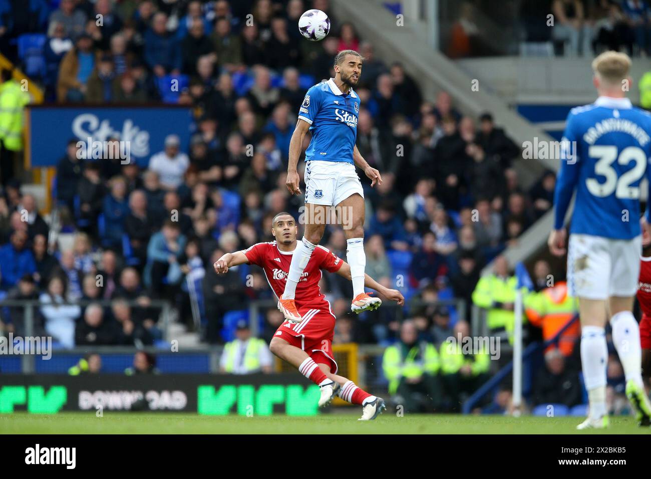 Liverpool, UK. 21st Apr, 2024. Dominic Calvert-Lewin of Everton jumps for the ball. Premier League match, Everton v Nottingham Forest at Goodison Park in Liverpool on Sunday 21st April 2024. this image may only be used for Editorial purposes. Editorial use only, pic by Chris Stading/Andrew Orchard sports photography/Alamy Live news Credit: Andrew Orchard sports photography/Alamy Live News Stock Photo