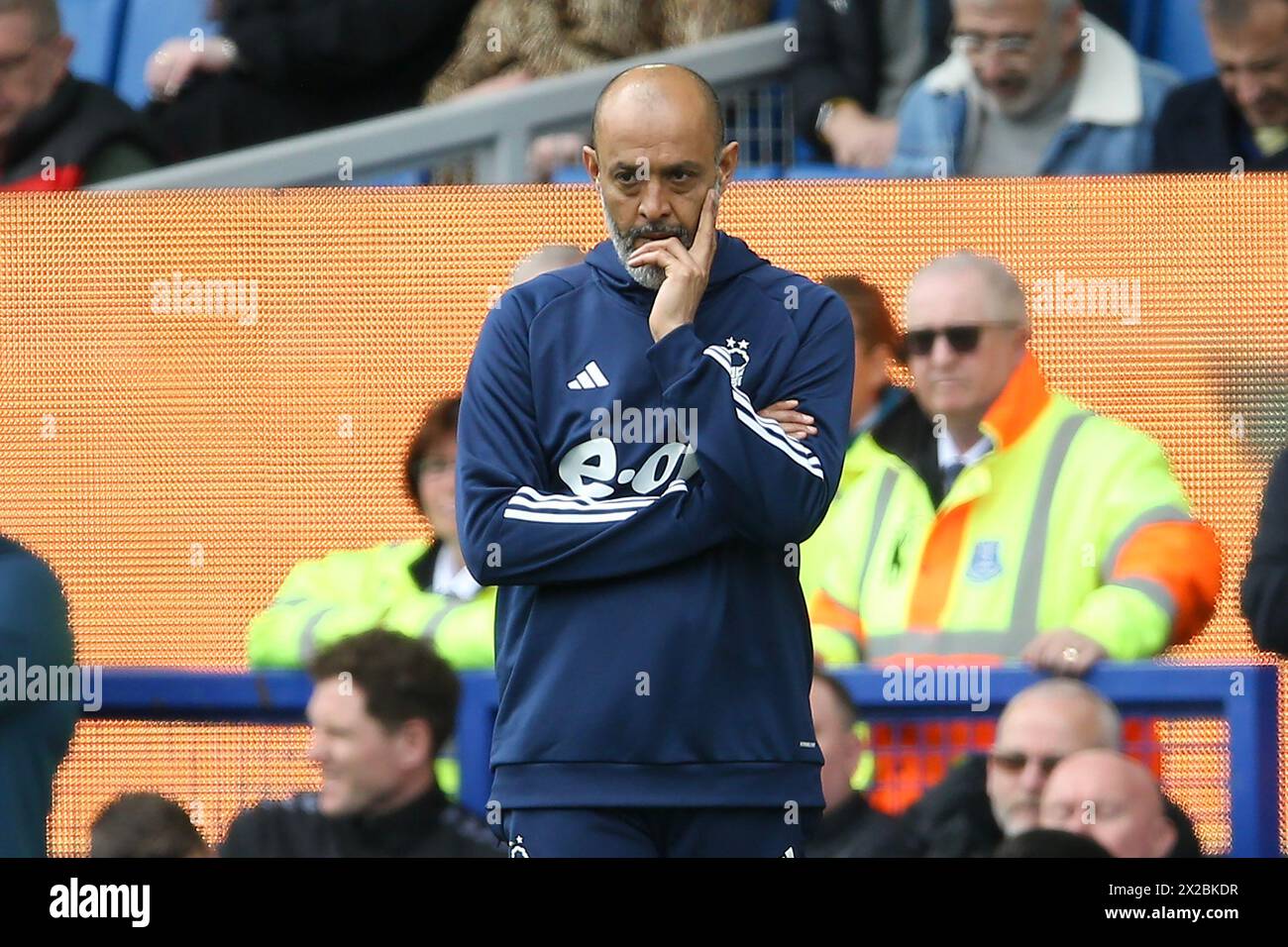 Liverpool, UK. 21st Apr, 2024. Nuno Espirito Santo, the Nottingham Forest manager looks on. Premier League match, Everton v Nottingham Forest at Goodison Park in Liverpool on Sunday 21st April 2024. this image may only be used for Editorial purposes. Editorial use only, pic by Chris Stading/Andrew Orchard sports photography/Alamy Live news Credit: Andrew Orchard sports photography/Alamy Live News Stock Photo