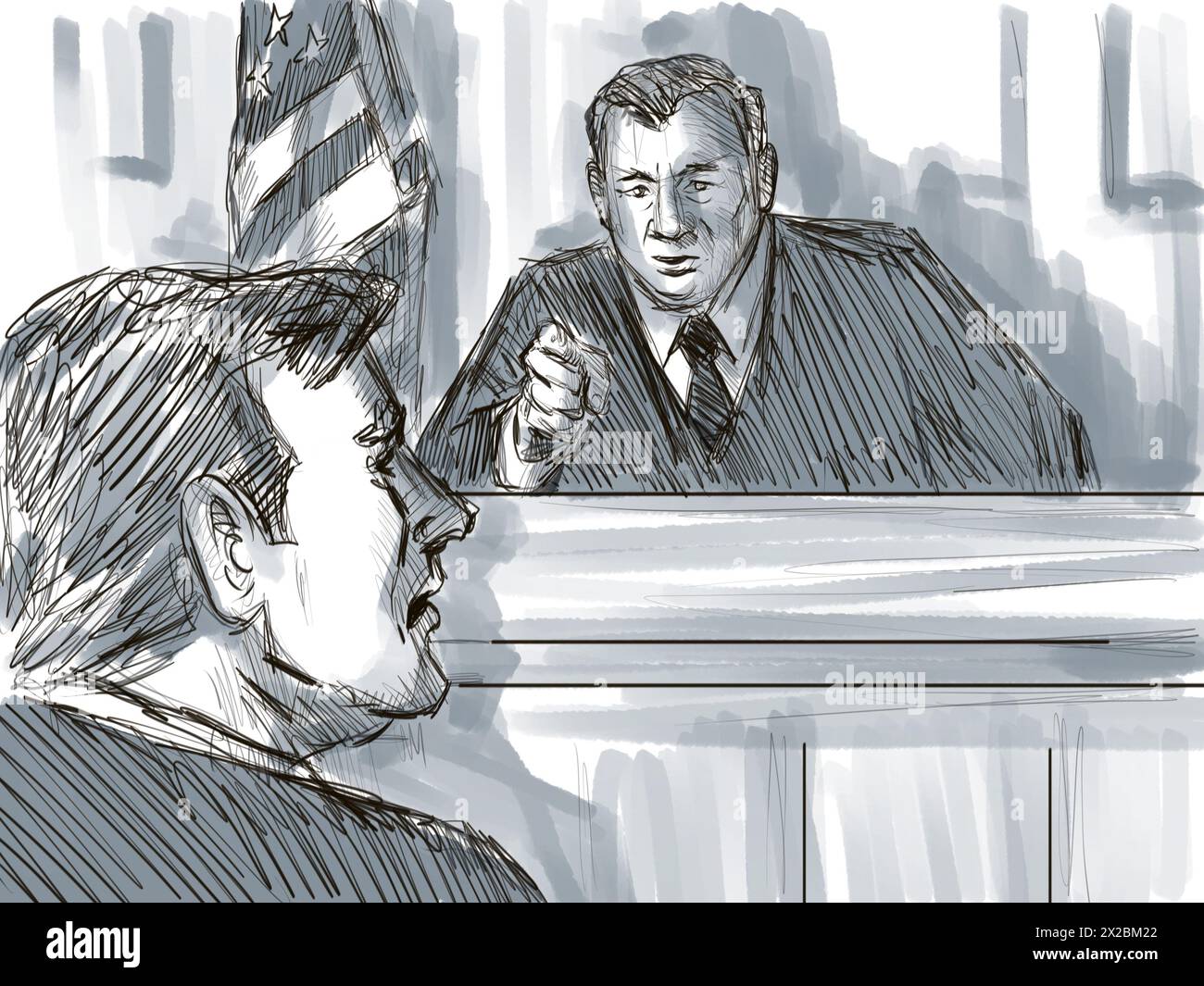 Pastel pencil pen and ink sketch illustration of a courtroom trial setting with judge reprimanding defendant or plaintiff, witness in contempt of cour Stock Photo