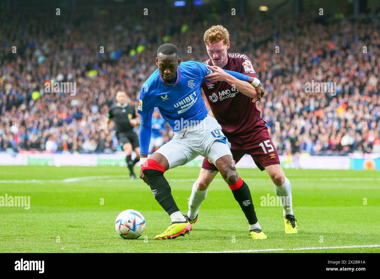Glasgow, UK. 21st Apr, 2024. Rangers play Heart of Midlothian at Hampden Park football stadium, Glasgow, Scotland, UK in a semi final of the Scottish Cup. The winner of this game will play Celtic FC in the final. Credit: Findlay/Alamy Live News Stock Photo