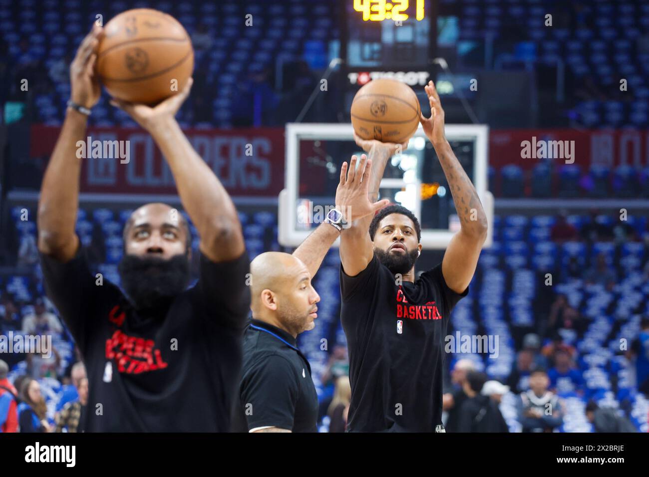 Los Angeles, California, USA. 21st Apr, 2024. Los Angeles Clippers' Paul George #13 and James Harden #1 warms up prior an NBA basketball playoffs round one game 1 against the Dallas Mavericks at Crypto.com Arena on Sunday, April 21, 2024 in Los Angeles. (Credit Image: © Ringo Chiu/ZUMA Press Wire) EDITORIAL USAGE ONLY! Not for Commercial USAGE! Credit: ZUMA Press, Inc./Alamy Live News Stock Photo