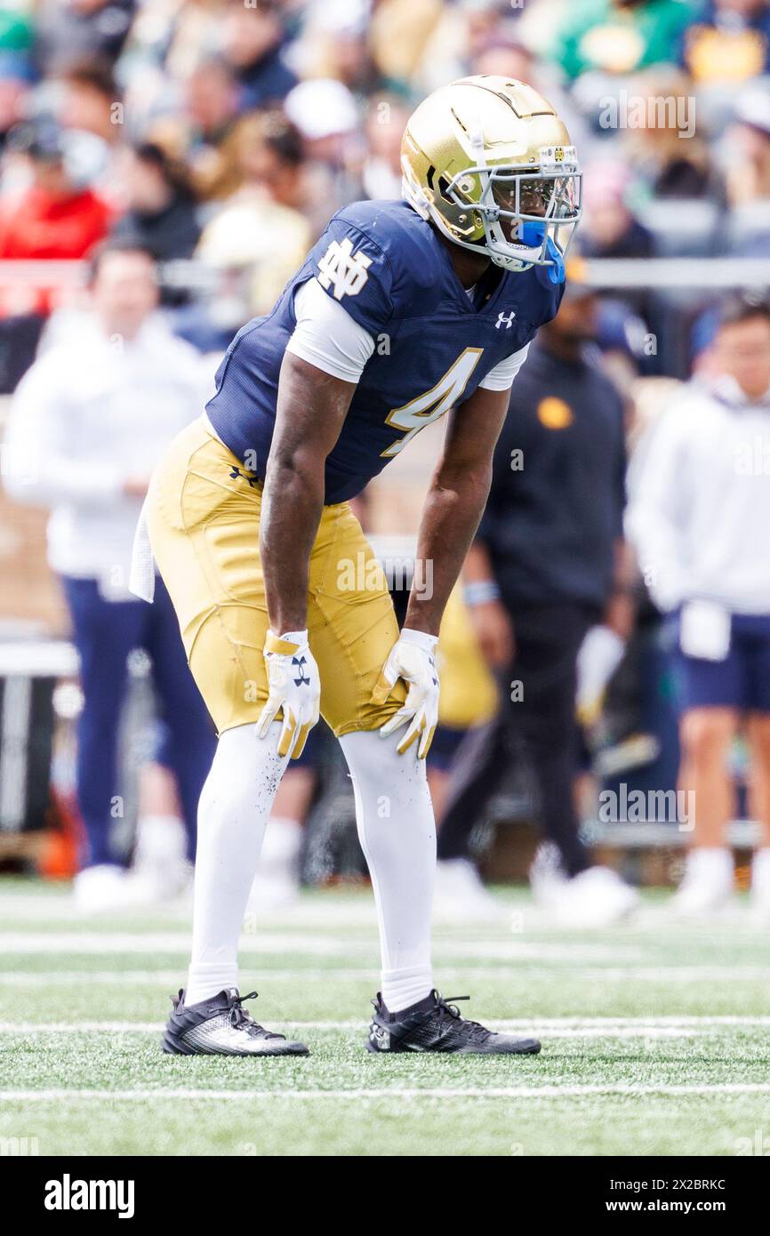 South Bend, Indiana, USA. 20th Apr, 2024. Notre Dame running back Jeremiyah Love (4) during the Notre Dame Annual Blue-Gold Spring football game at Notre Dame Stadium in South Bend, Indiana. John Mersits/CSM/Alamy Live News Stock Photo