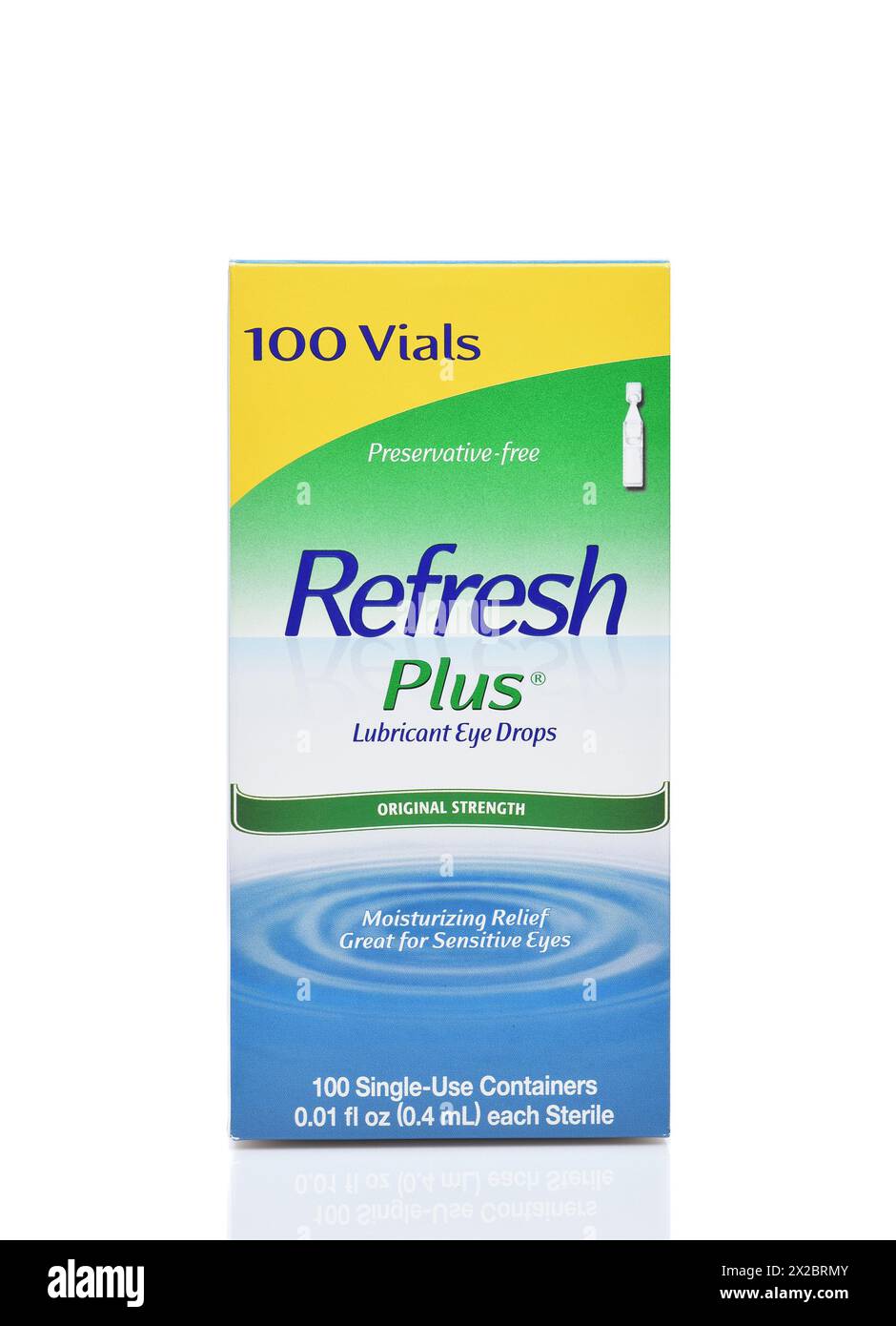 IRVINE, CALIFORNIA - 20 APR 2024: A box of 100 vials of Refresh Plus Lubricant Eye Drops. Stock Photo