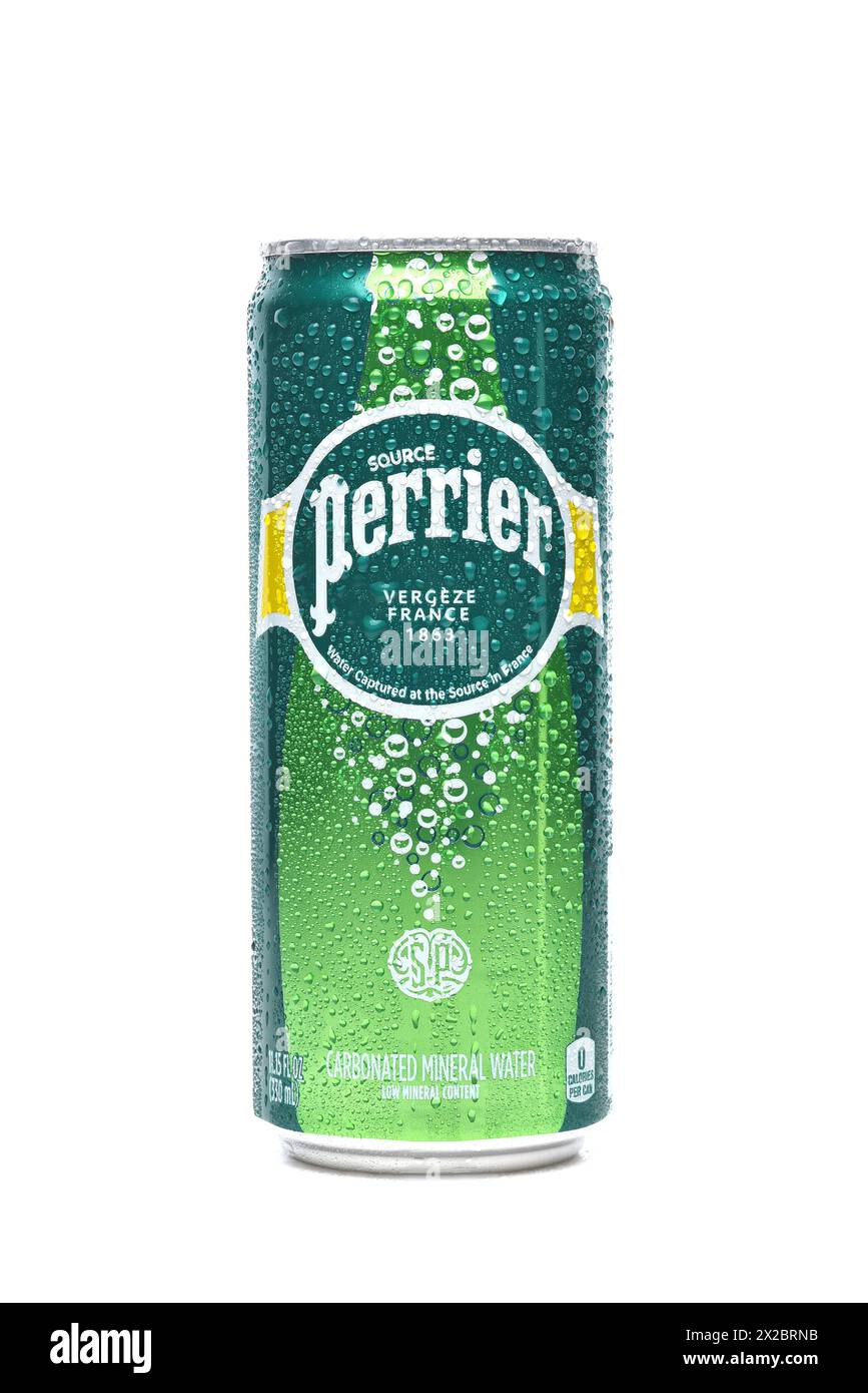 IRVINE, CALIFORNIA - 20 APR 2024: A can of Perrier Carbonated Mineral Water. Stock Photo