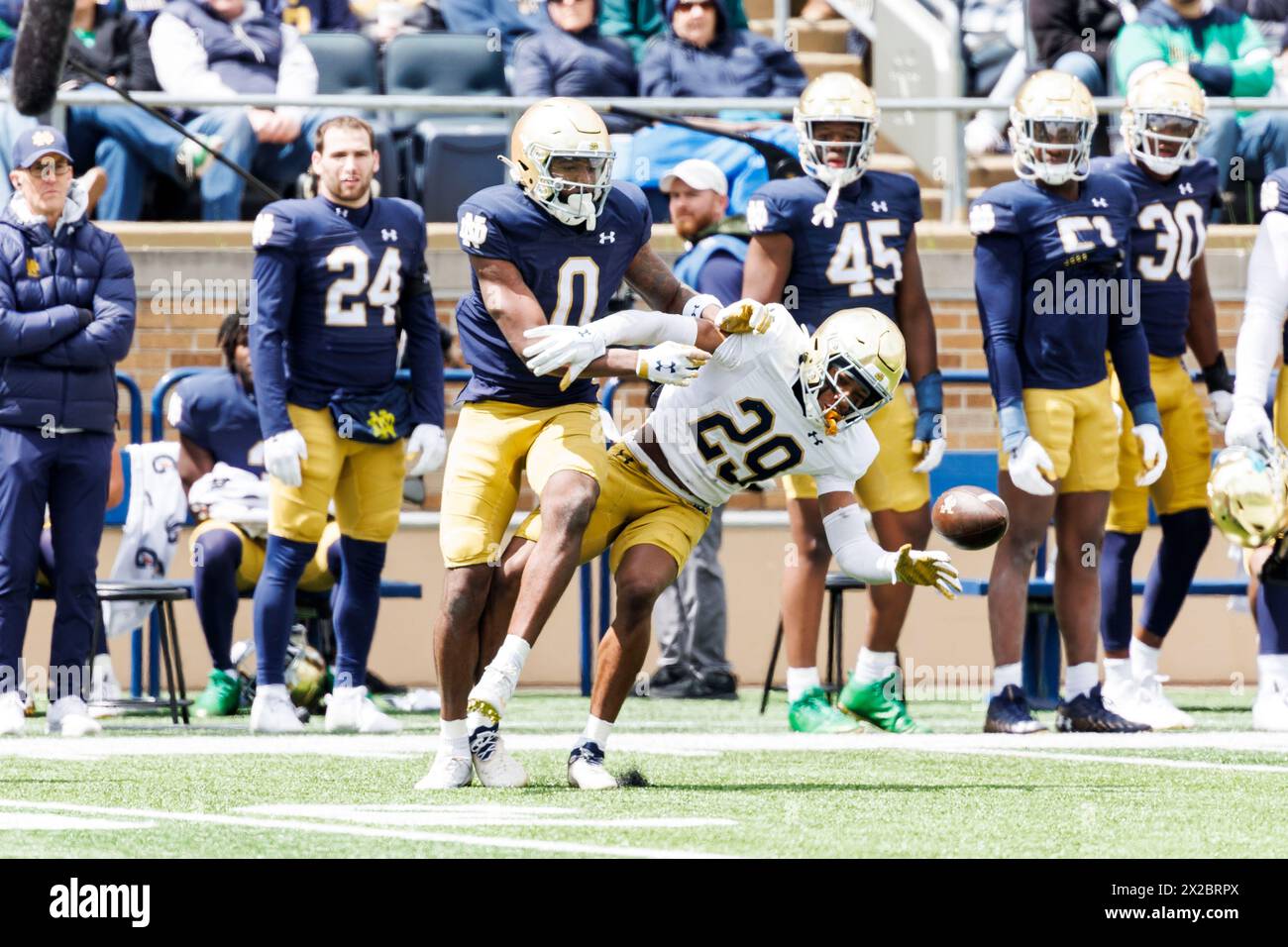 South Bend, Indiana, USA. 20th Apr, 2024. Notre Dame defensive back Christian Gray (29) breaks up pass intended for Notre Dame wide receiver Deion Colzie (0) during the Notre Dame Annual Blue-Gold Spring football game at Notre Dame Stadium in South Bend, Indiana. John Mersits/CSM/Alamy Live News Stock Photo