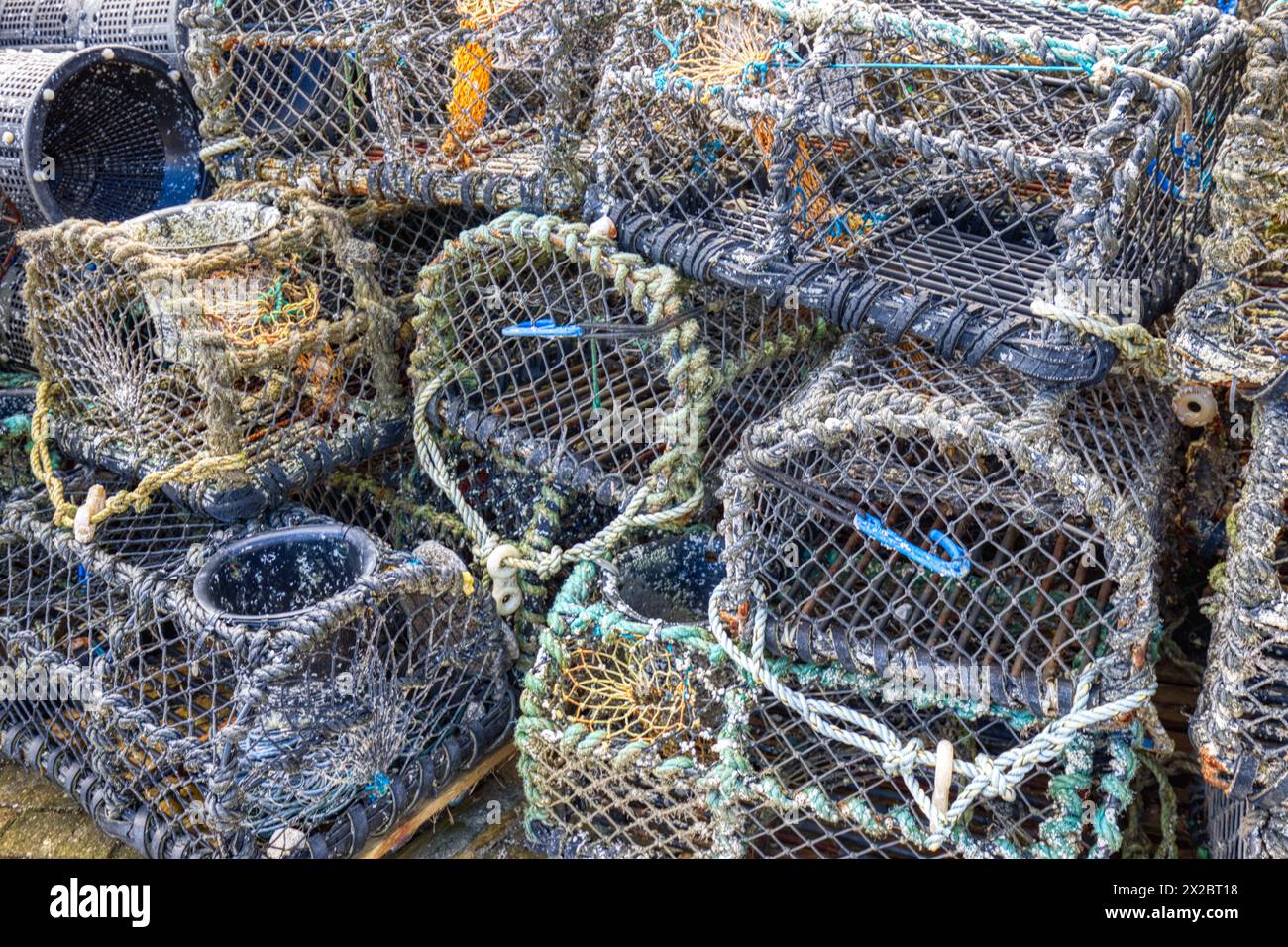 Lobster Pots, Moelfre Beach, Moelfre, Anglesey, North Wales Stock Photo