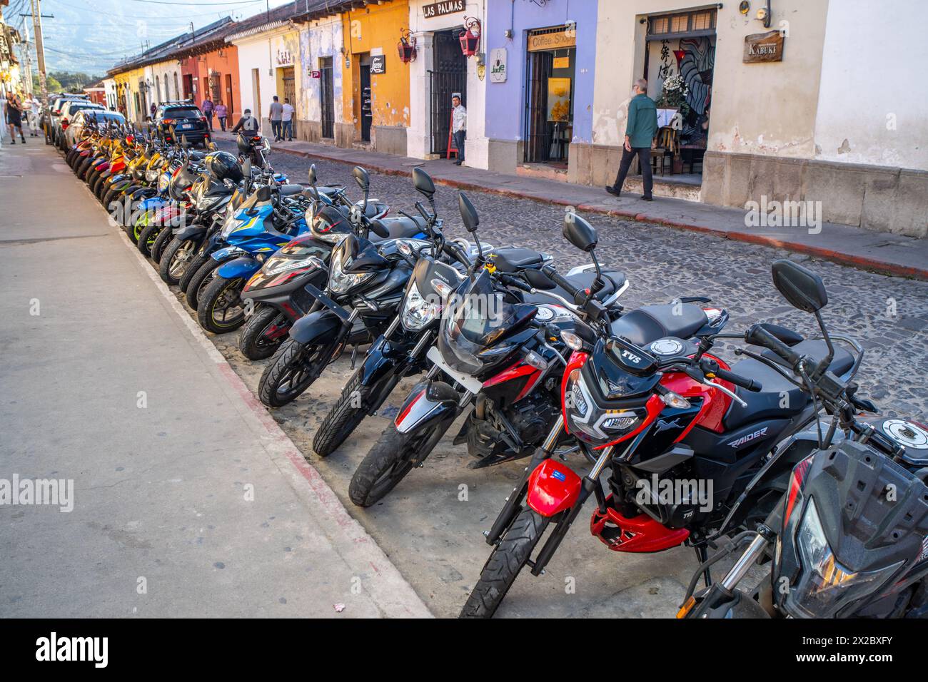 Parked motorcycles in Antugua Guatemala Stock Photo