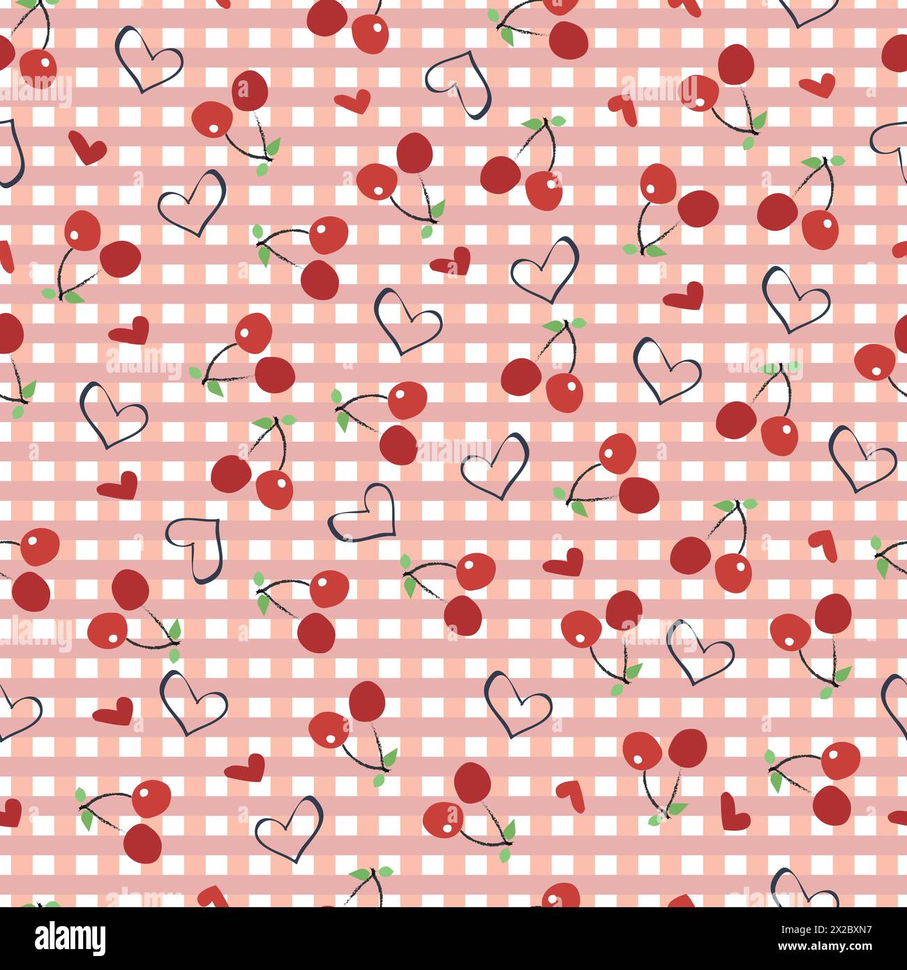 Cherries with plaid gingham print hearts seamless fabric design pattern Stock Vector