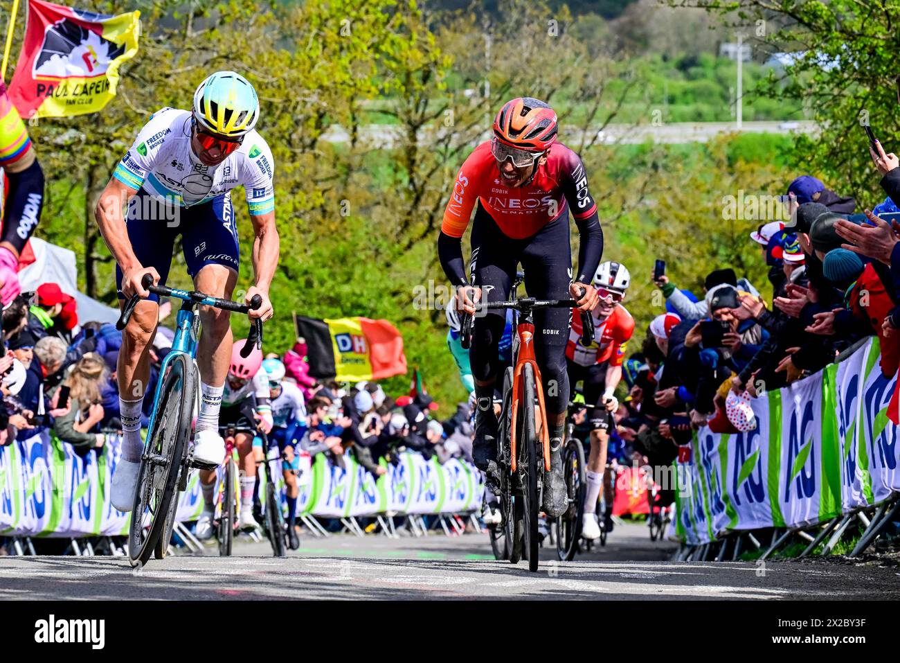 Liege, Belgium. 21st Apr, 2024. Kazakh Alexey Lutsenko of Astana Qazaqstan and Colombian Egan Bernal of Ineos Grenadiers pictured in action during the men elite race of the Liege-Bastogne-Liege one day cycling event, 254, 5 km km from Liege, over Bastogne to Liege, Sunday 21 April 2024. BELGA PHOTO DIRK WAEM Credit: Belga News Agency/Alamy Live News Stock Photo