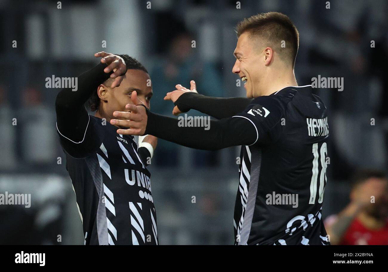 Charleroi, Belgium. 21st Apr, 2024. Charleroi's Jeremy Petris and Charleroi's Daan Heymans celebrate during a soccer match between Sporting Charleroi and KAS Eupen, Sunday 21 April 2024 in Charleroi, on day 3/6 of the 2023-2024 'Jupiler Pro League - Relegation Play-offs. BELGA PHOTO VIRGINIE LEFOUR Credit: Belga News Agency/Alamy Live News Stock Photo
