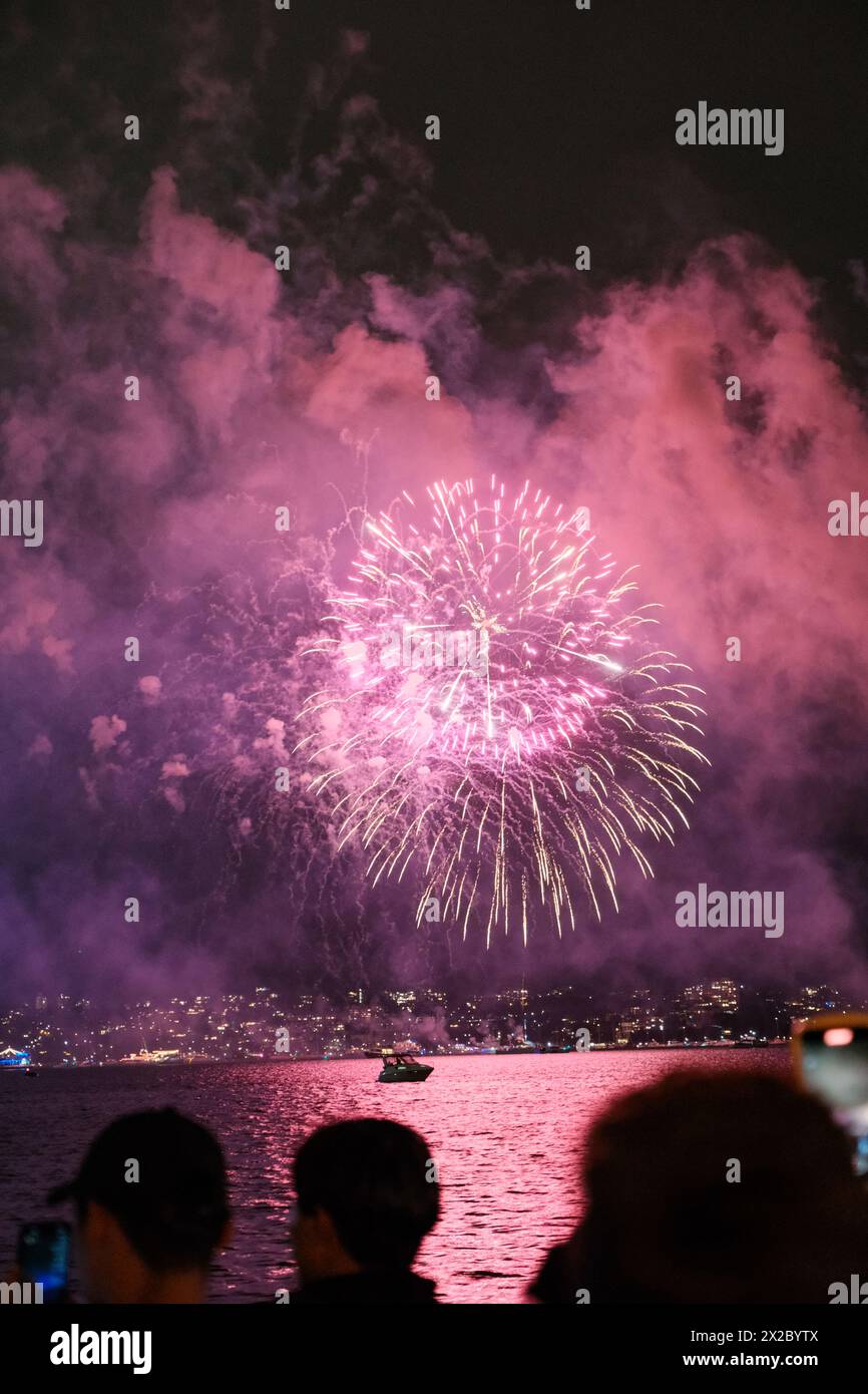 A magical moment on Sydney's New Year's Eve 2024, as pink fireworks gracefully dance above the iconic skyline, casting a dreamy glow against the citys Stock Photo