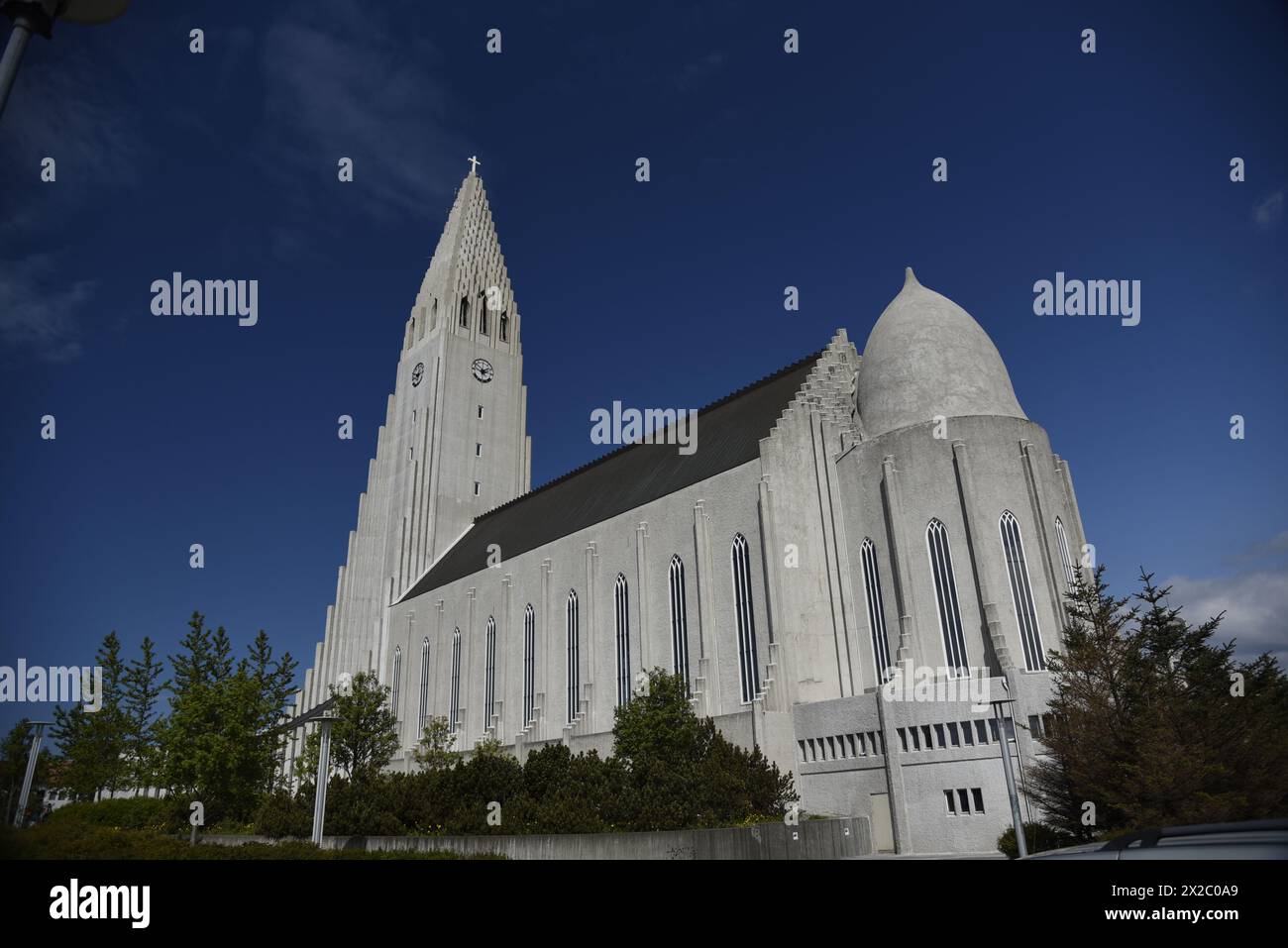 Hallgrímskirkja - largest church in Iceland. Designed to resemble the rocks, mountains and glaciers of Iceland's landscape. Brilliant architecture. Stock Photo