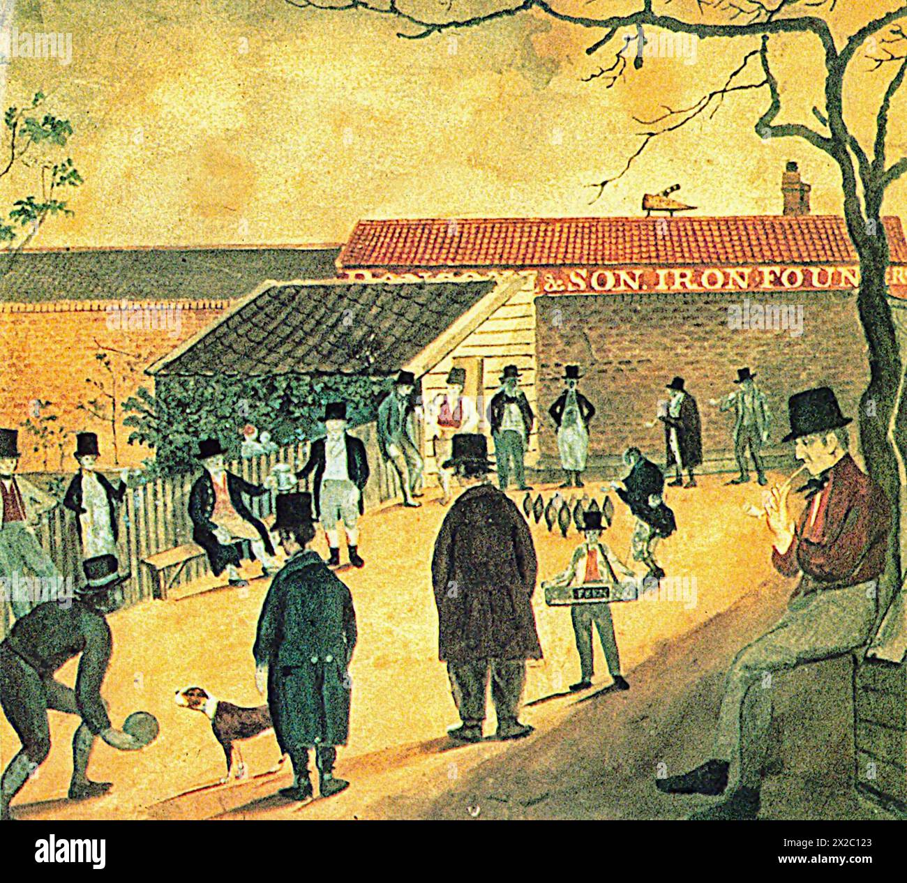 A circa 1810 painting of outdoor ten pin bowling on the grounds of